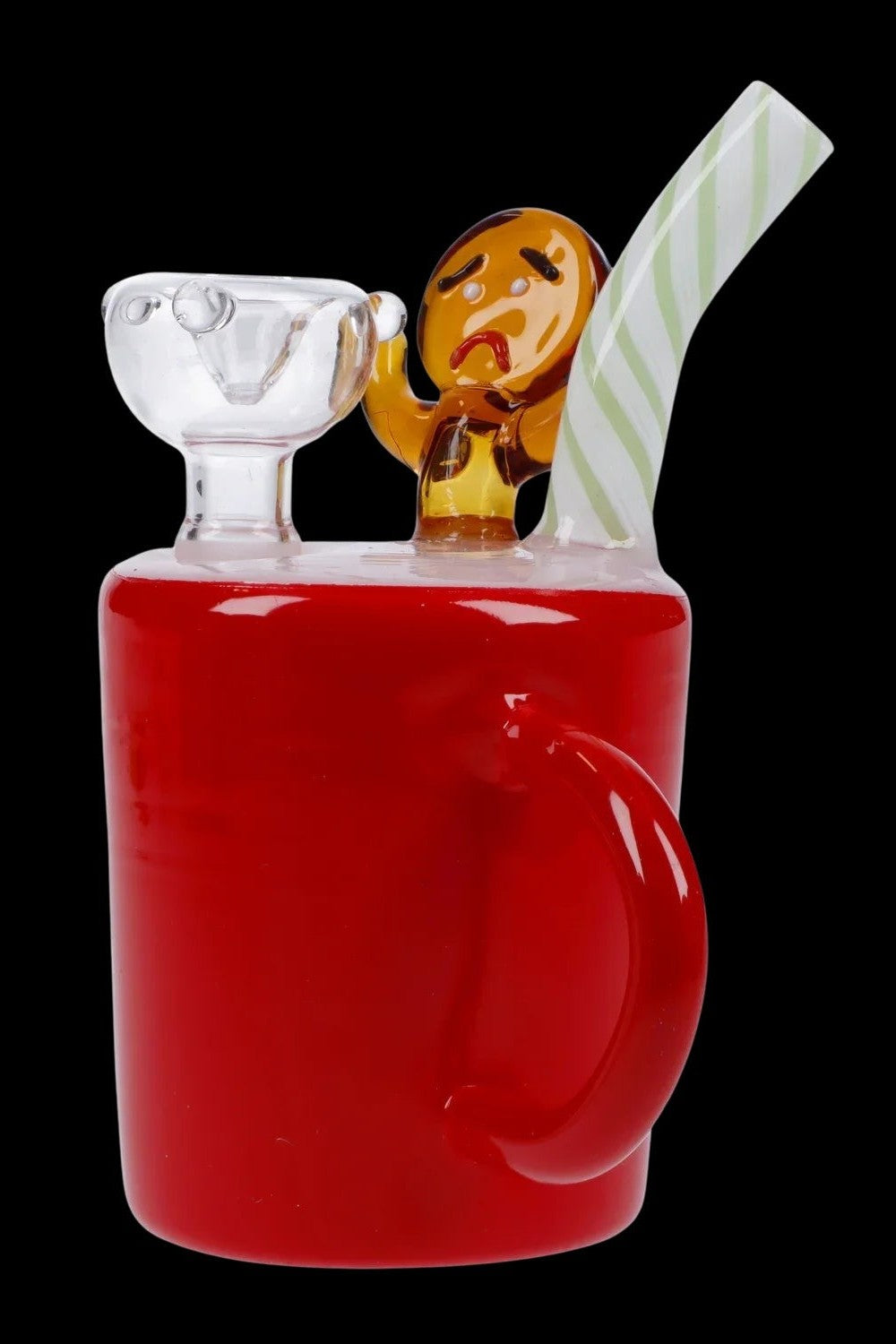 Red glass bubbler shaped like a juice box with a cartoon character and straw.