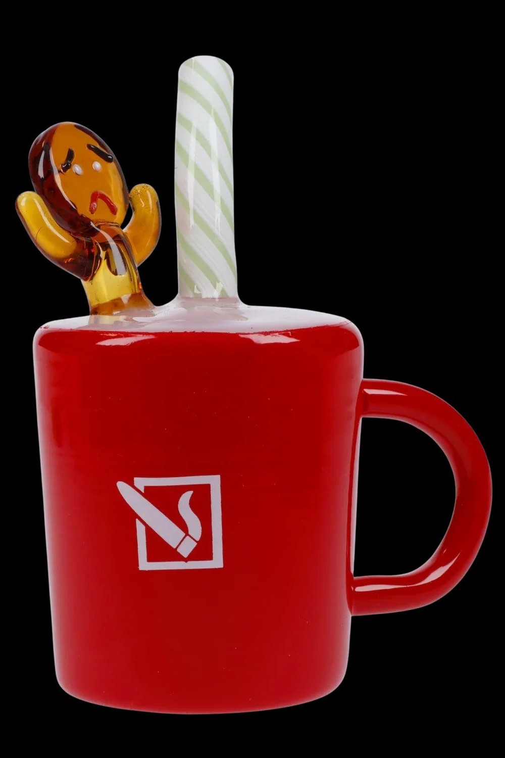 Red glass mug-shaped water pipe with a sculpted cartoon figure and patterned mouthpiece.