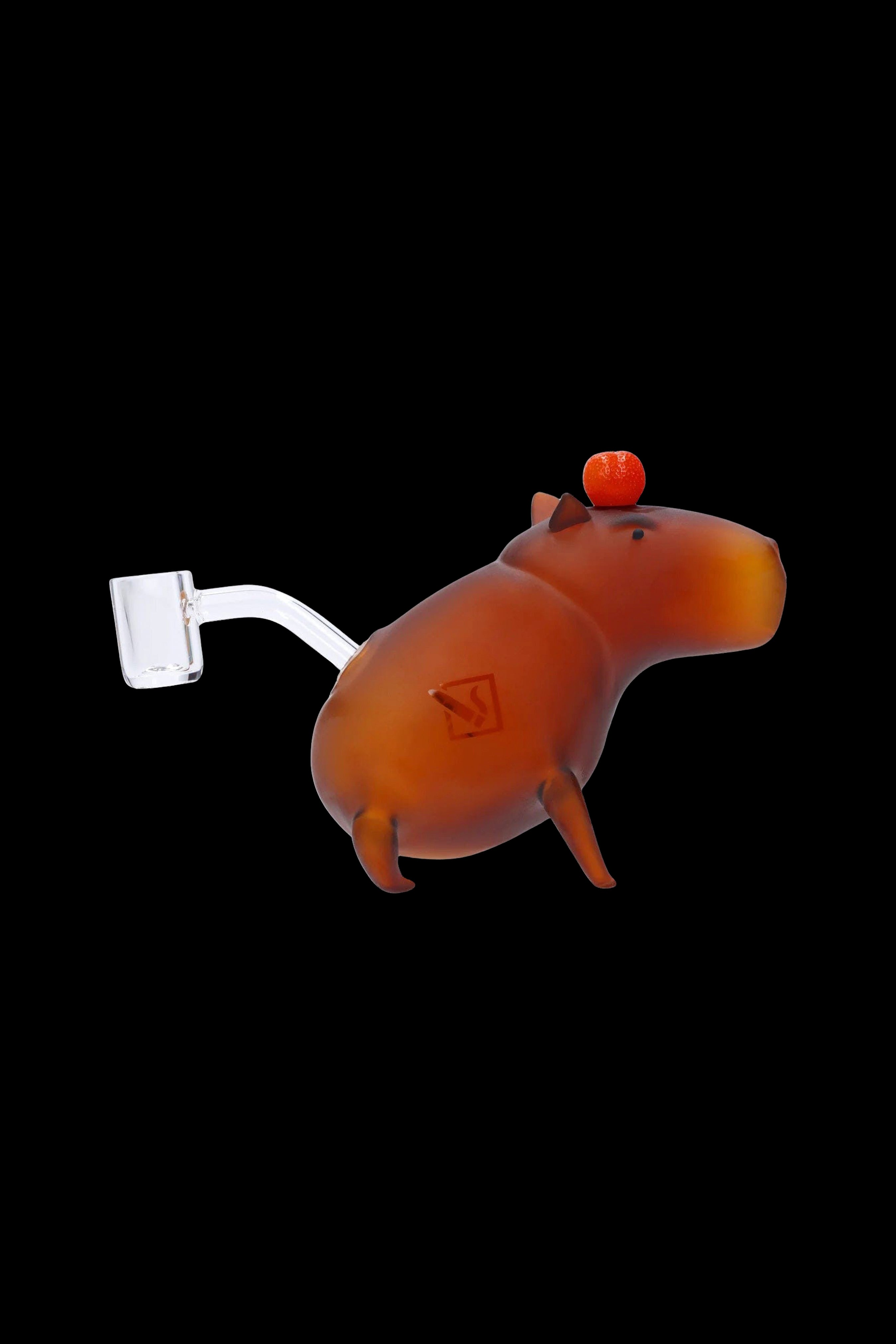 Orange glass dab rig shaped like a hippopotamus with a quartz nail.