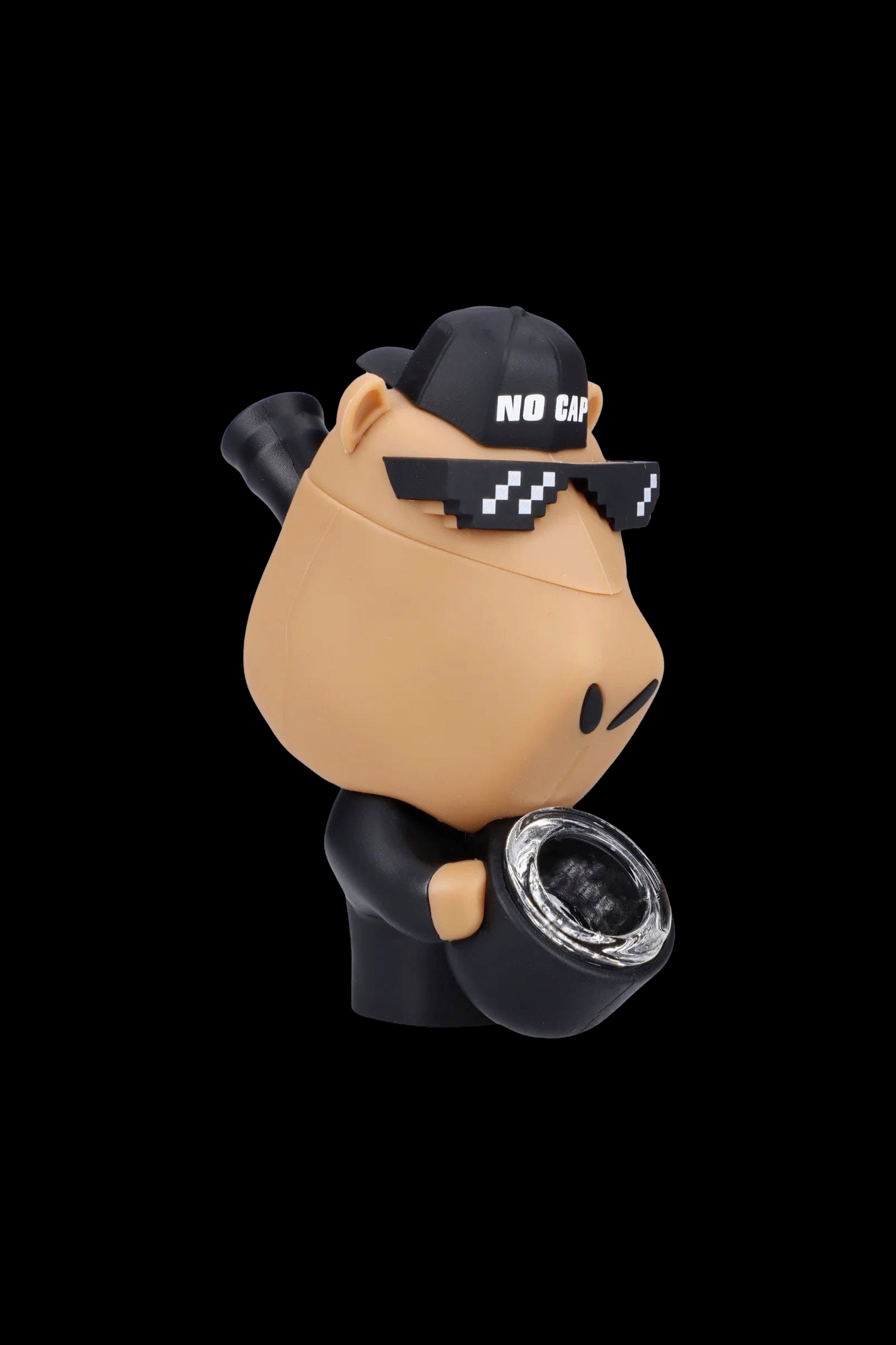 Cartoon Dab Rig: A playful, peach-colored cartoon character wearing sunglasses and a cap, functioning as a water pipe (rig) with a glass bowl.