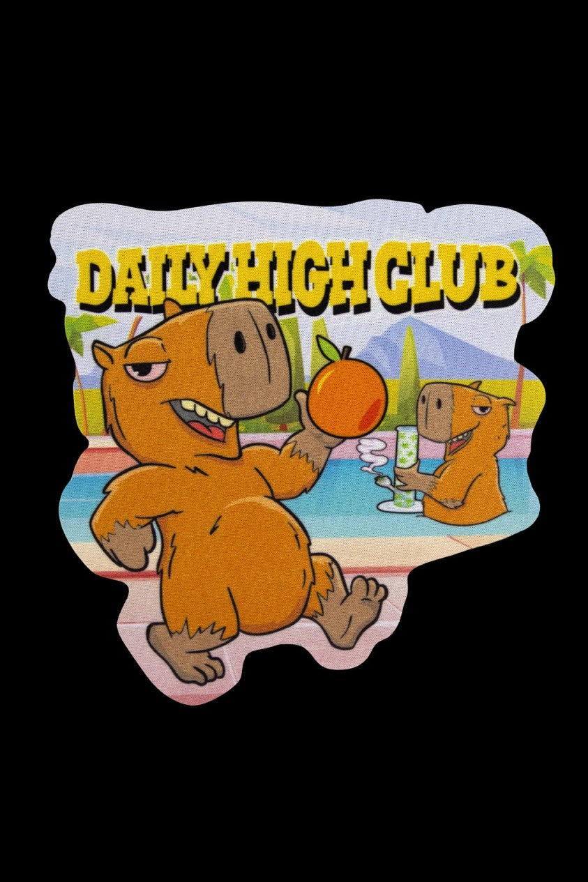 A colorful sticker design featuring two cartoon armadillos labeled “Daily High Club,” one holding an orange and the other a green drink, set against a palm tree backdrop.
