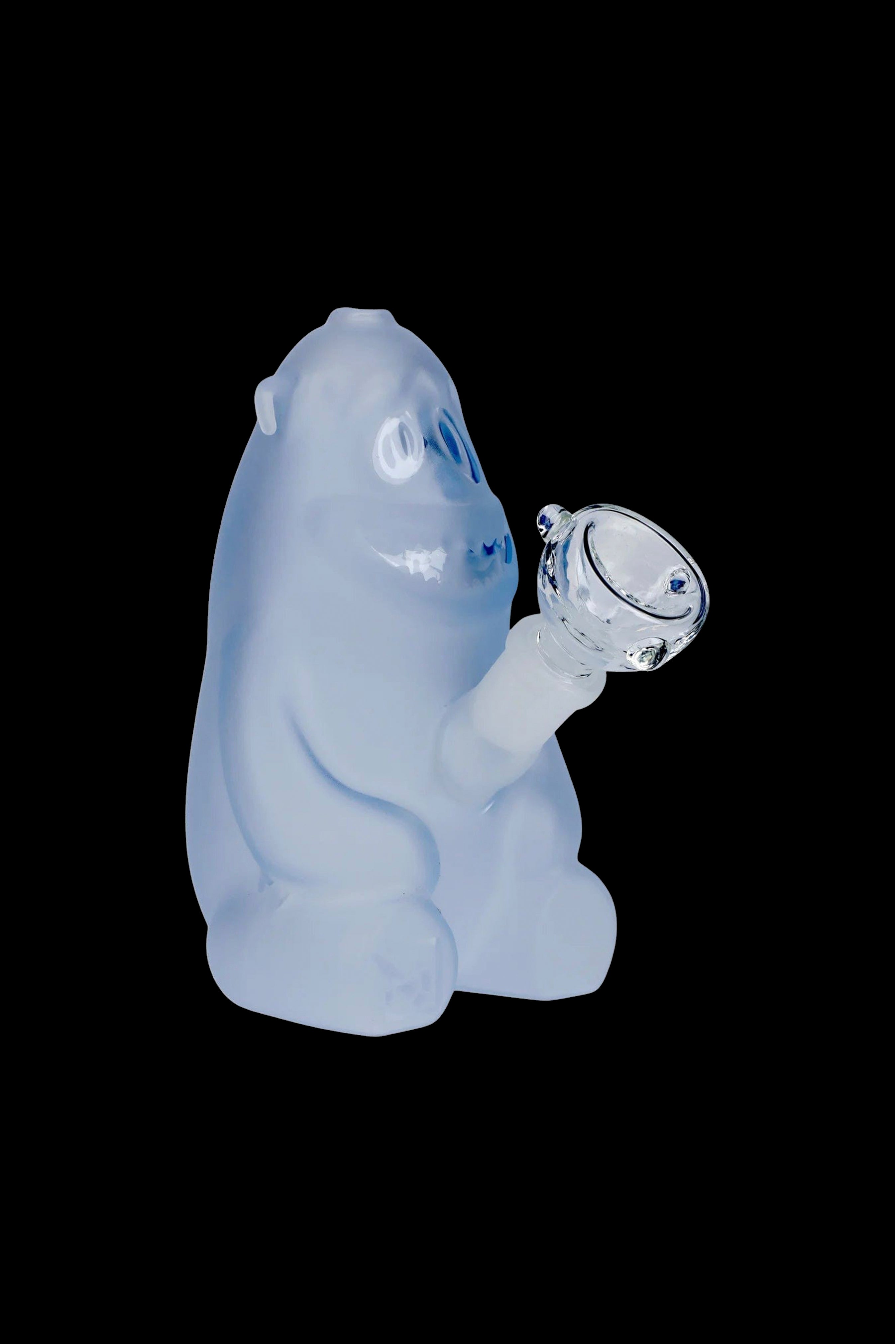 Frosted glass water pipe shaped like a yeti or bigfoot.