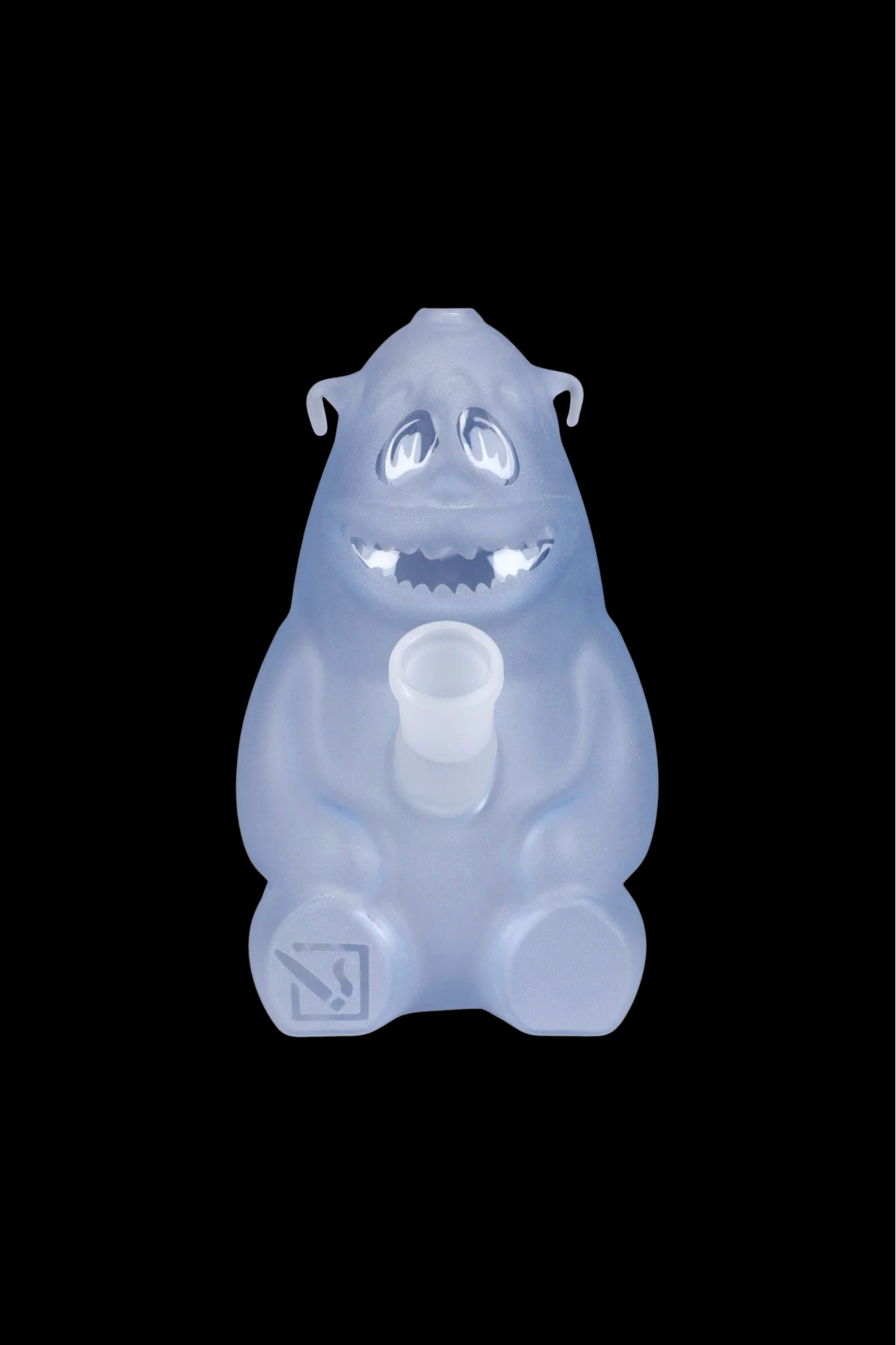 Frosted glass water pipe shaped like a cartoon monster with a wide-mouth opening.