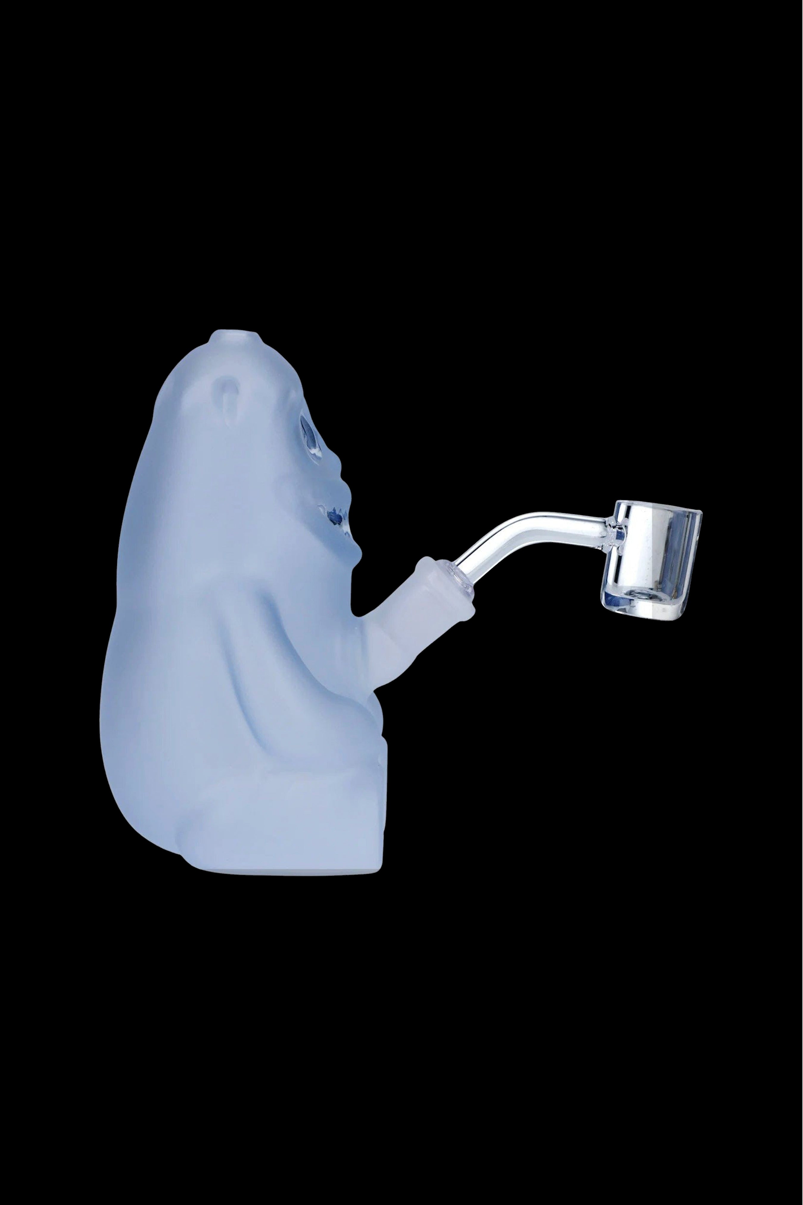 Light blue glass dab rig shaped like a cartoon ghost with a quartz banger.