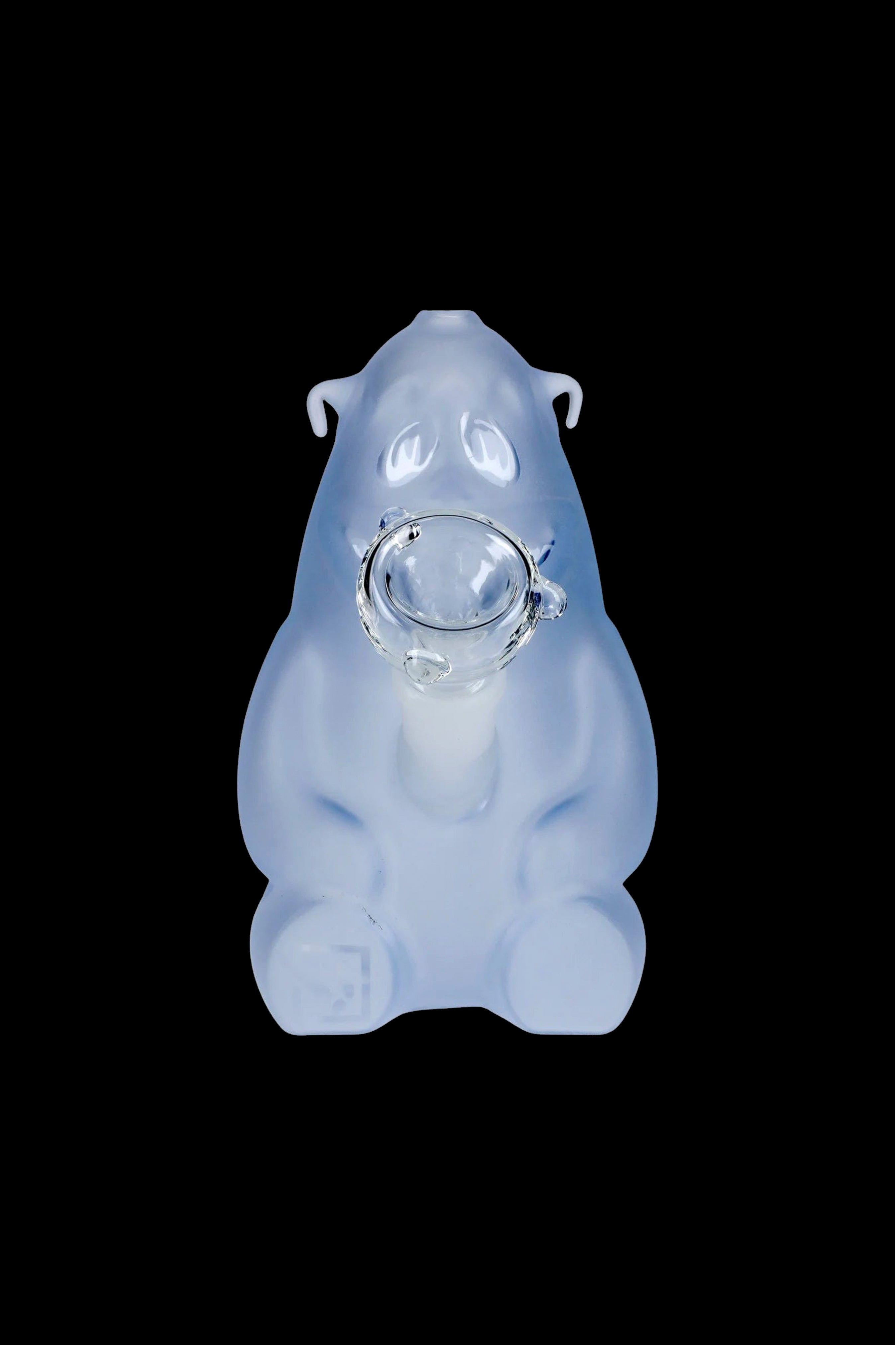 Light blue glass bubbler shaped like a bear with a bowl piece attached.