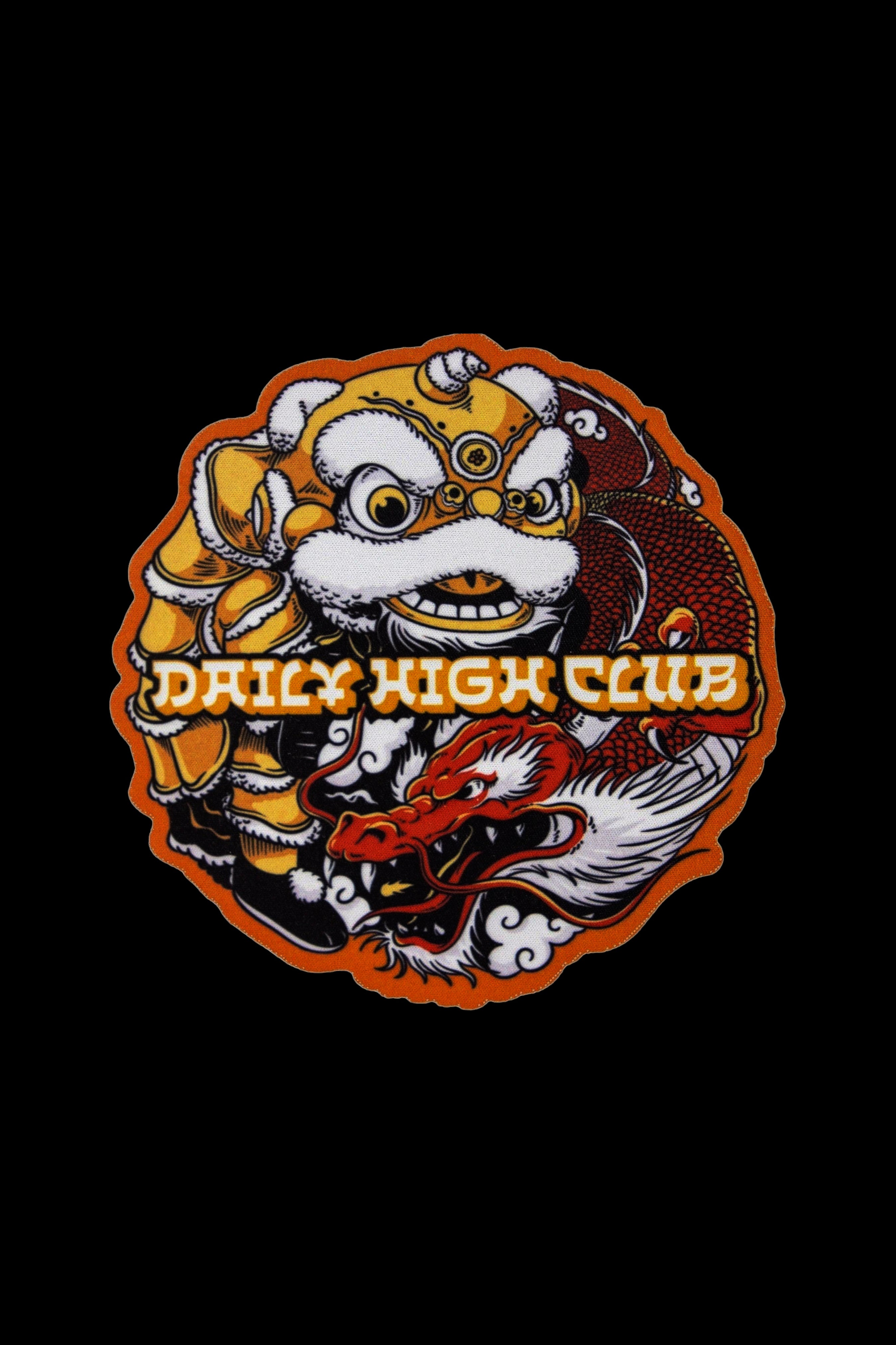 Embroidered patch featuring a golden Chinese dragon and lion design with the text "DAILY HIGH CLUB" in orange.