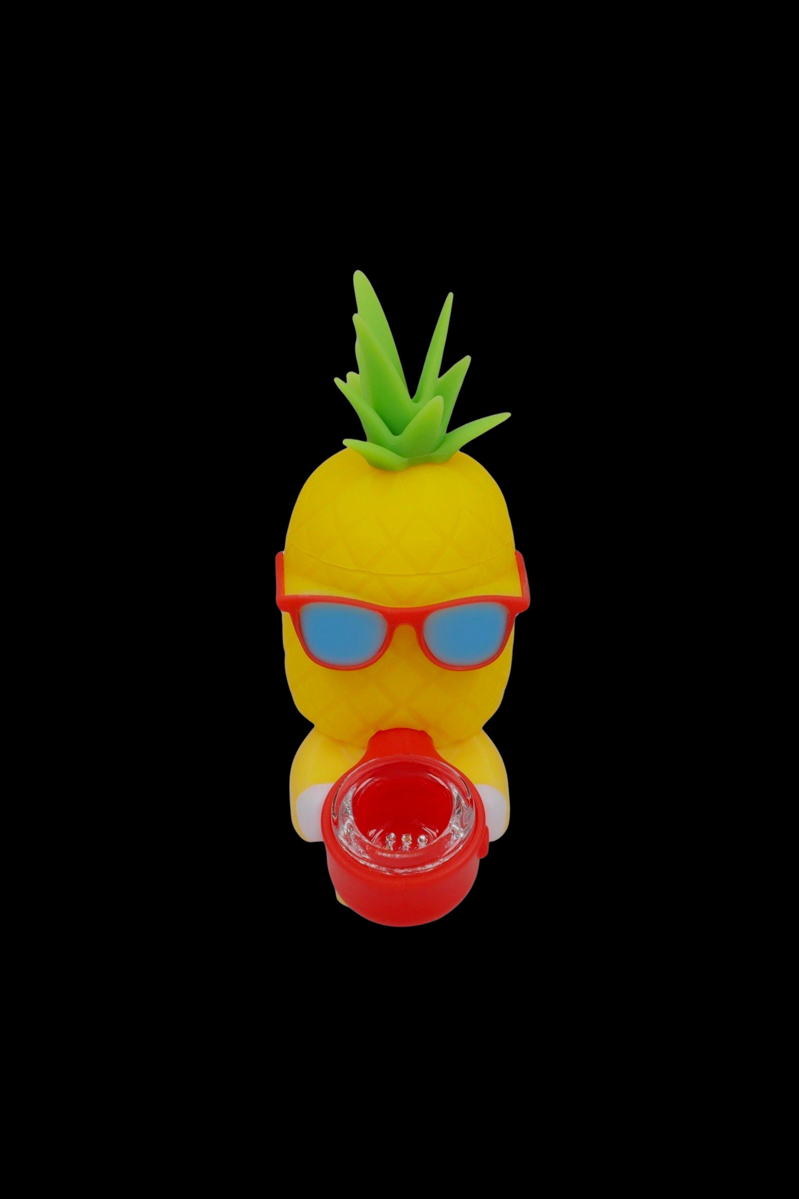 Pineapple-shaped silicone dab rig with red sunglasses and a red glass insert.