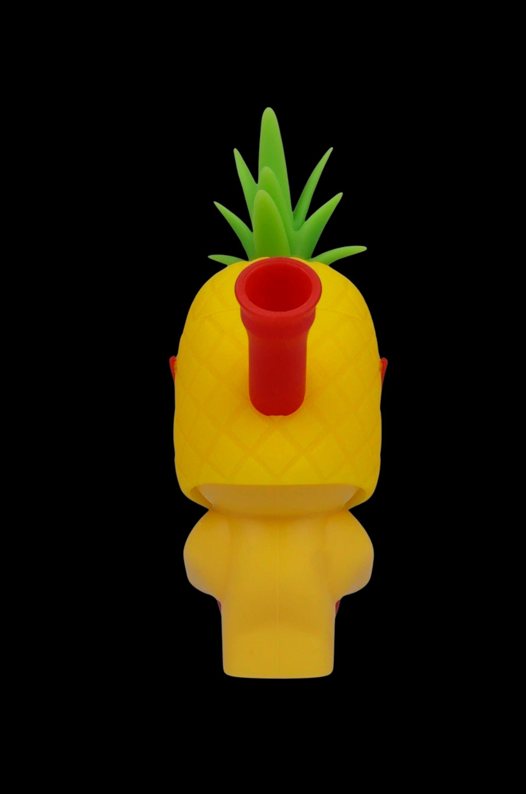 Yellow pineapple-shaped water pipe with a red mouthpiece and green leafy top.