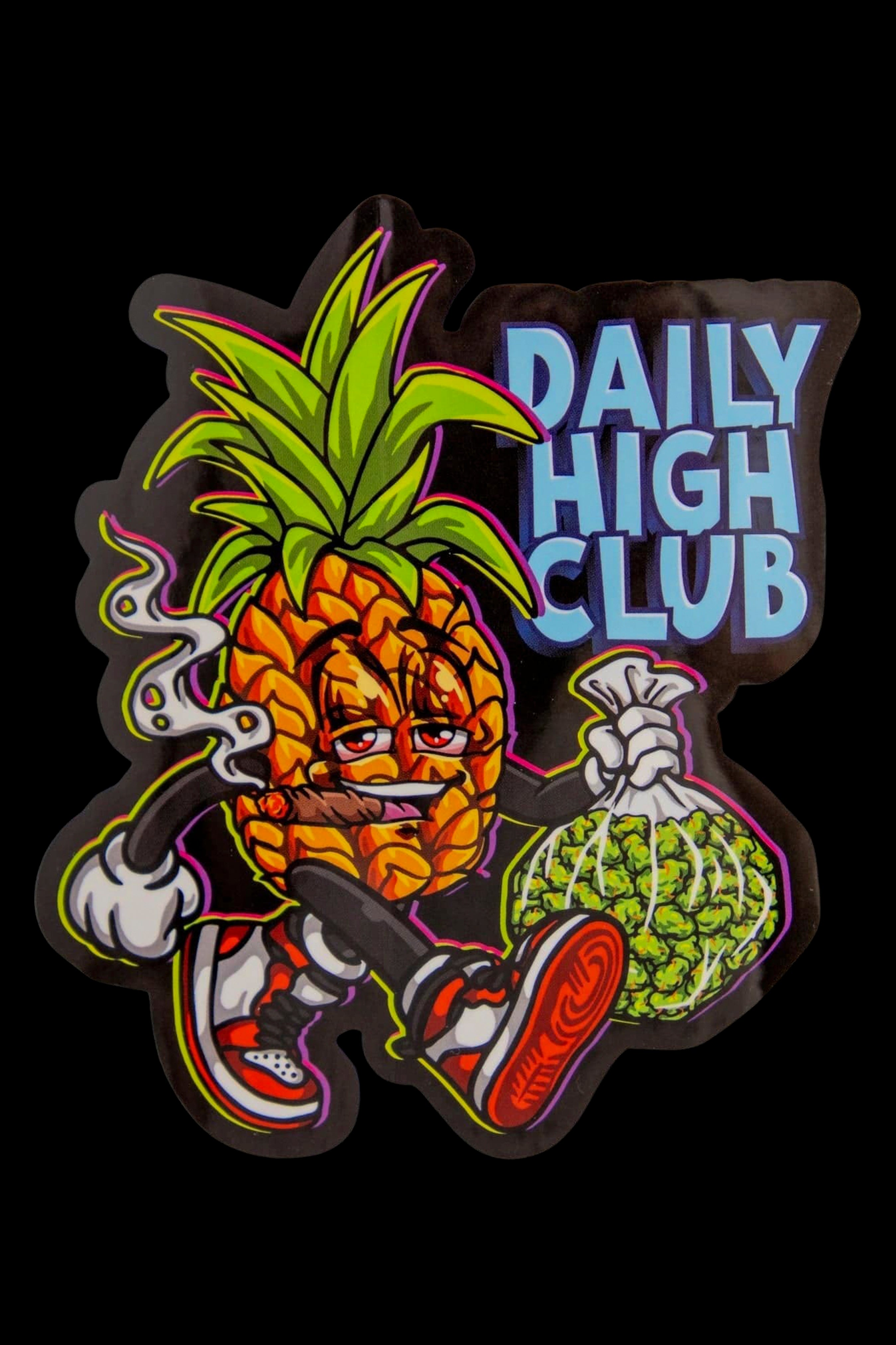 Cartoon pineapple character smoking and carrying a bag of cannabis, with "Daily High Club" text above.