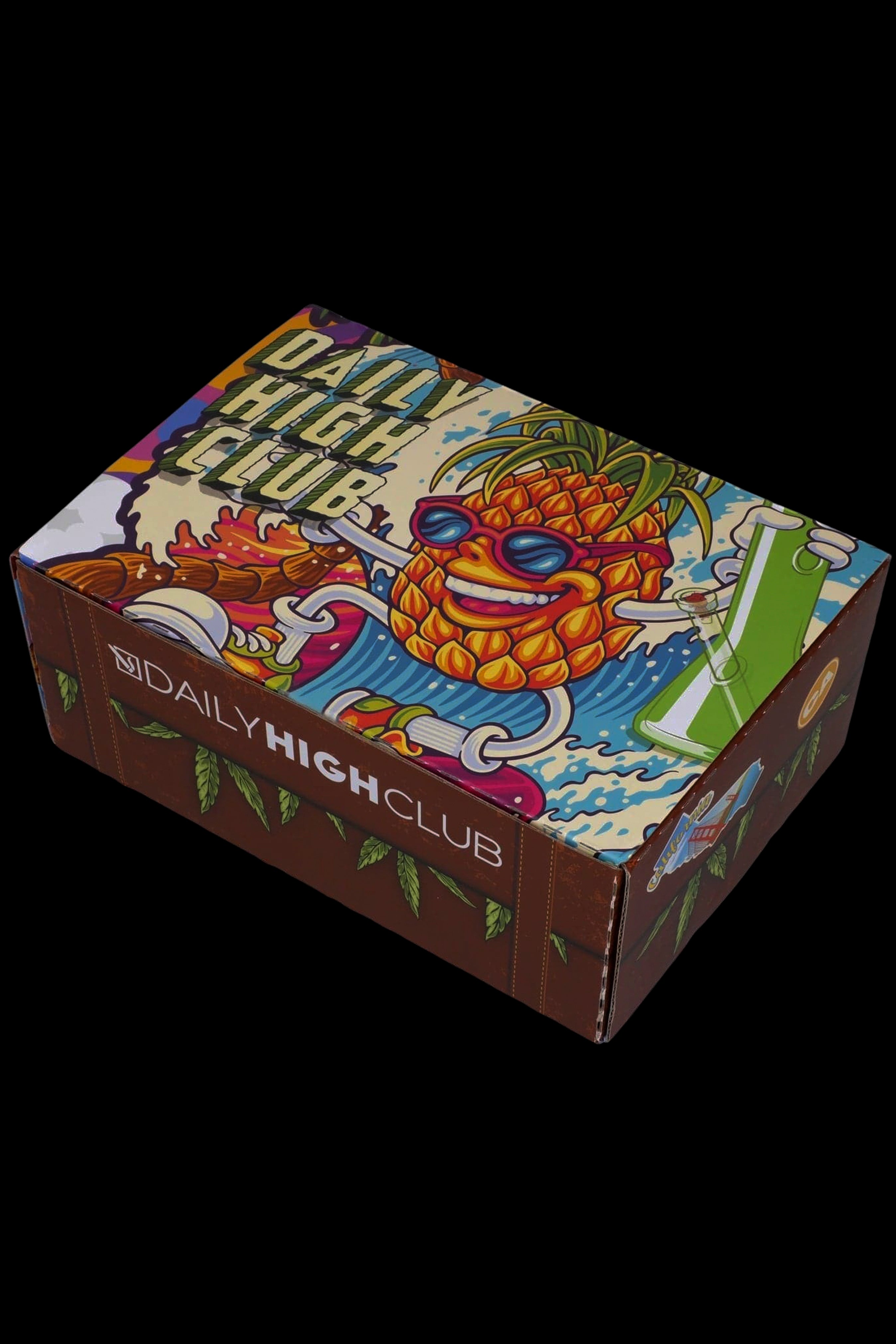 A colorful brown shipping box branded “Daily High Club” featuring an illustrated, cartoonish monster with sunglasses and cannabis leaf-like hair.