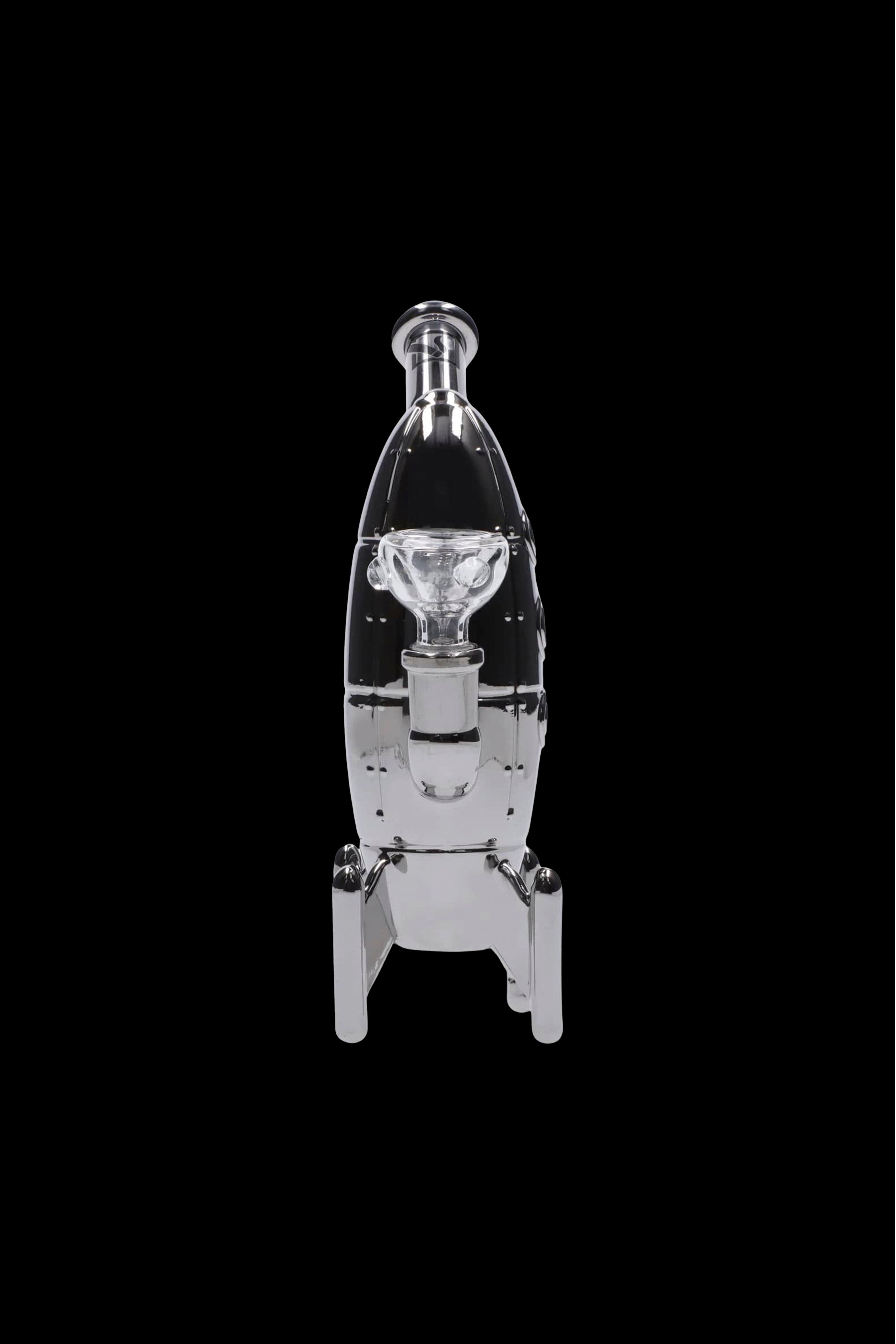 Clear glass dab rig with intricate bubbler design on black background.