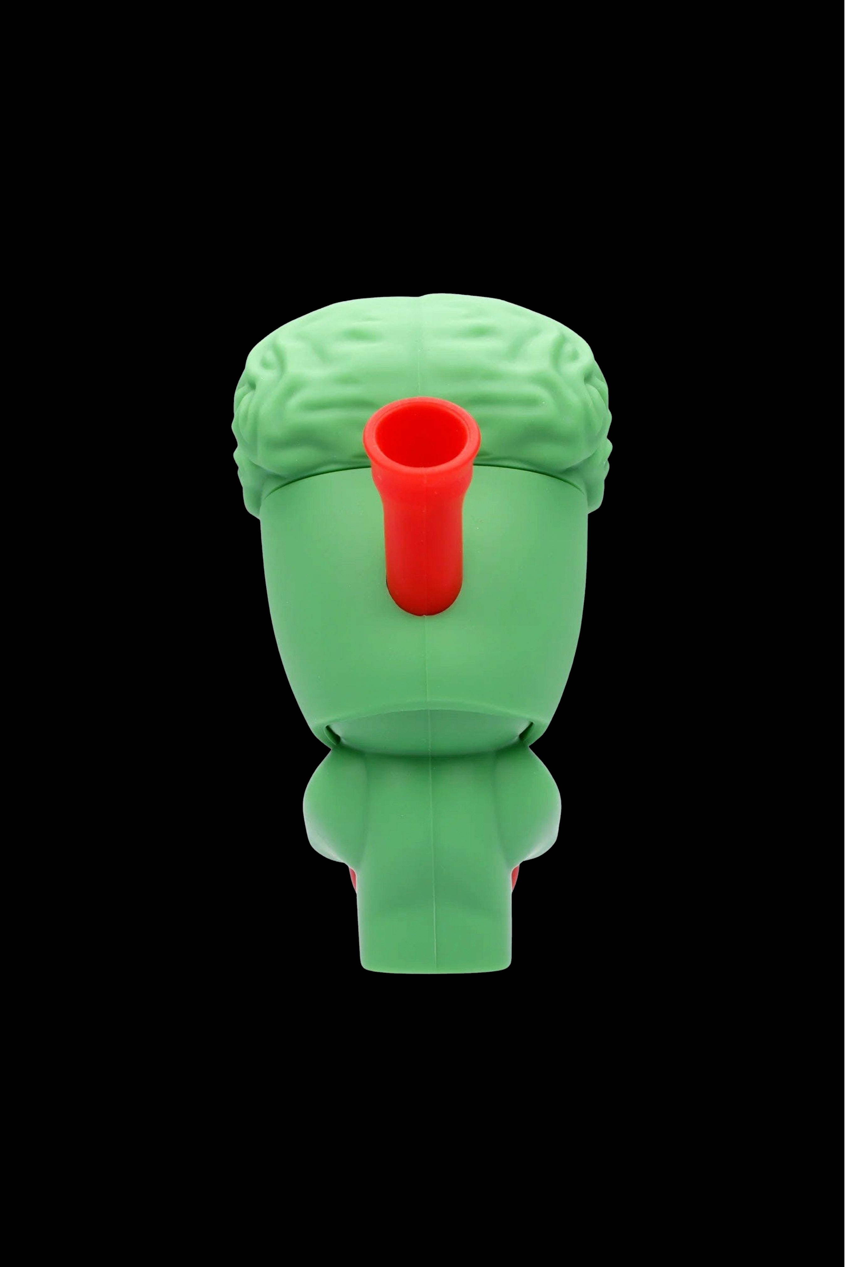 Green silicone water pipe resembling a cartoon face with a red mouthpiece.