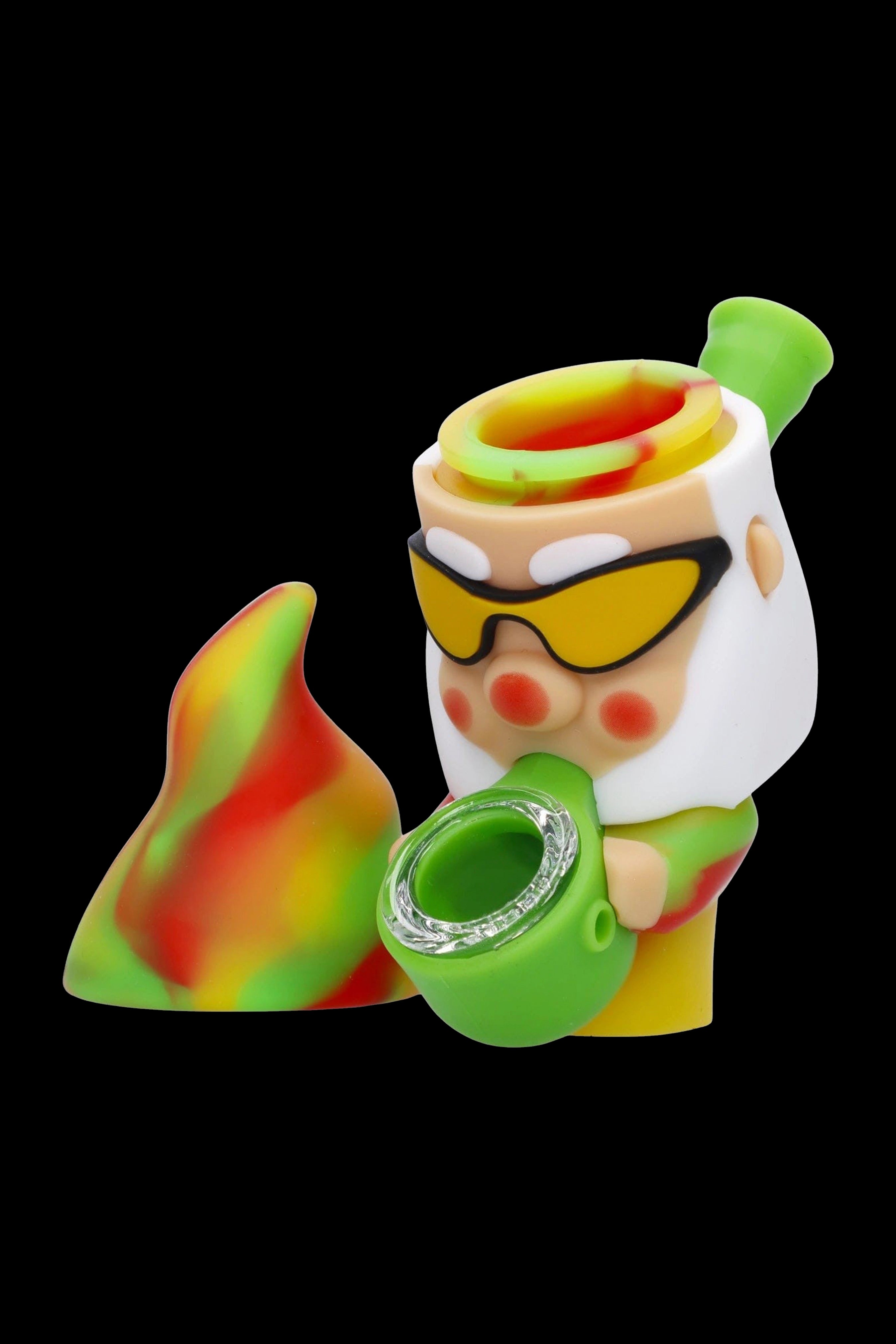 Colorful silicone dab rig with open container and metal bowl insert.