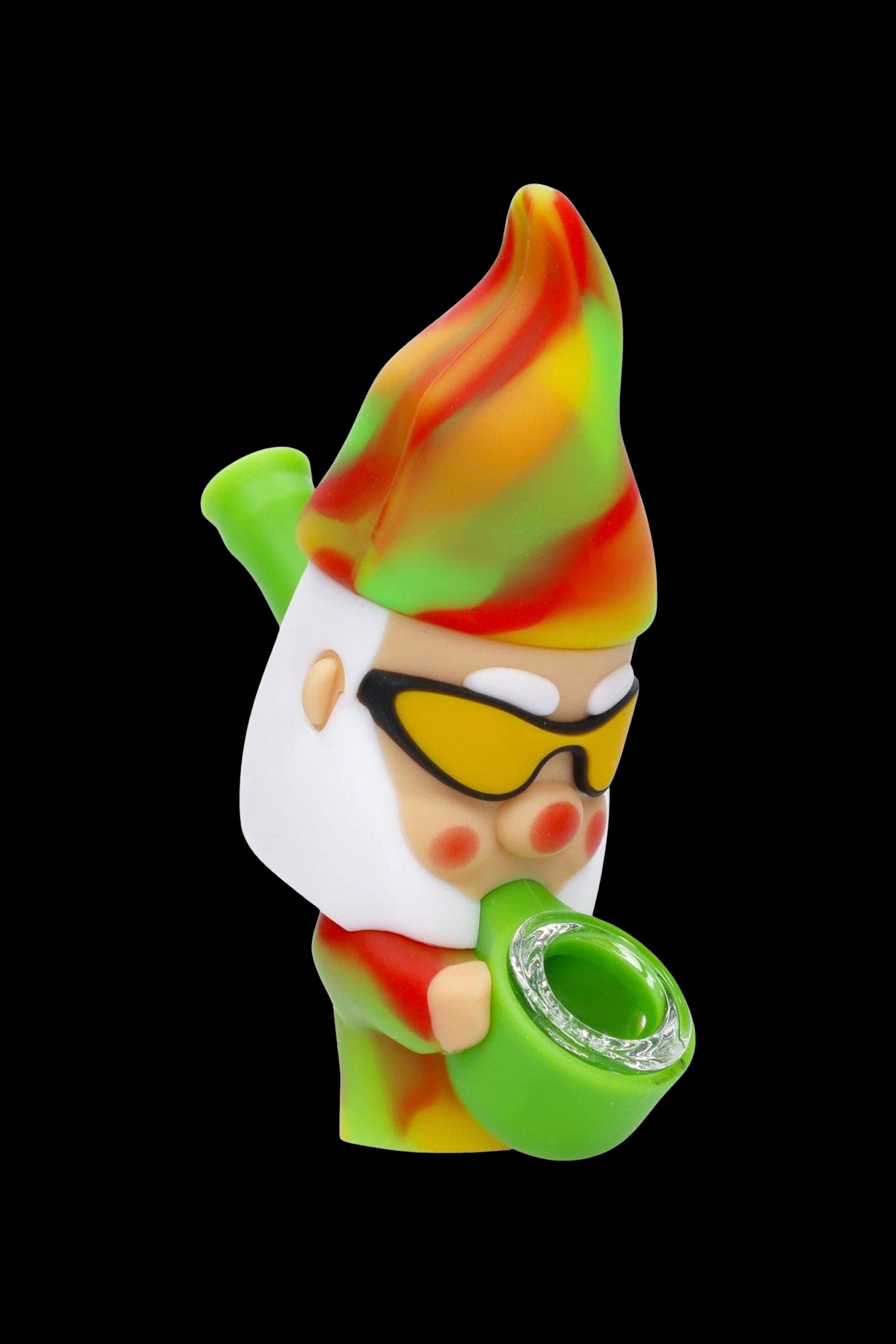A colorful, cartoonish silicone smoking pipe shaped like a garden gnome with sunglasses.