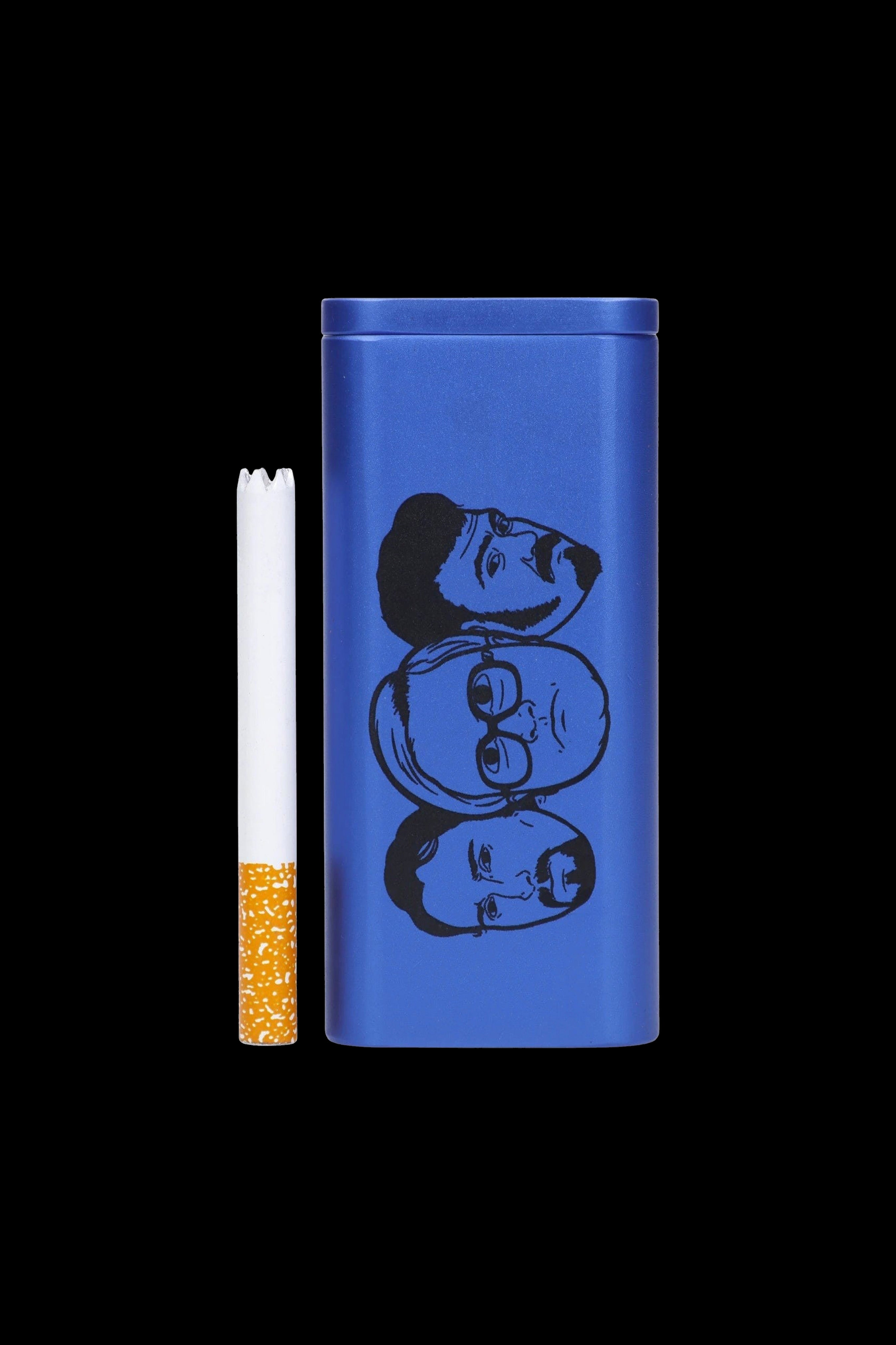 Blue metal cannabis container with stacked face illustrations next to a partially smoked cigarette.