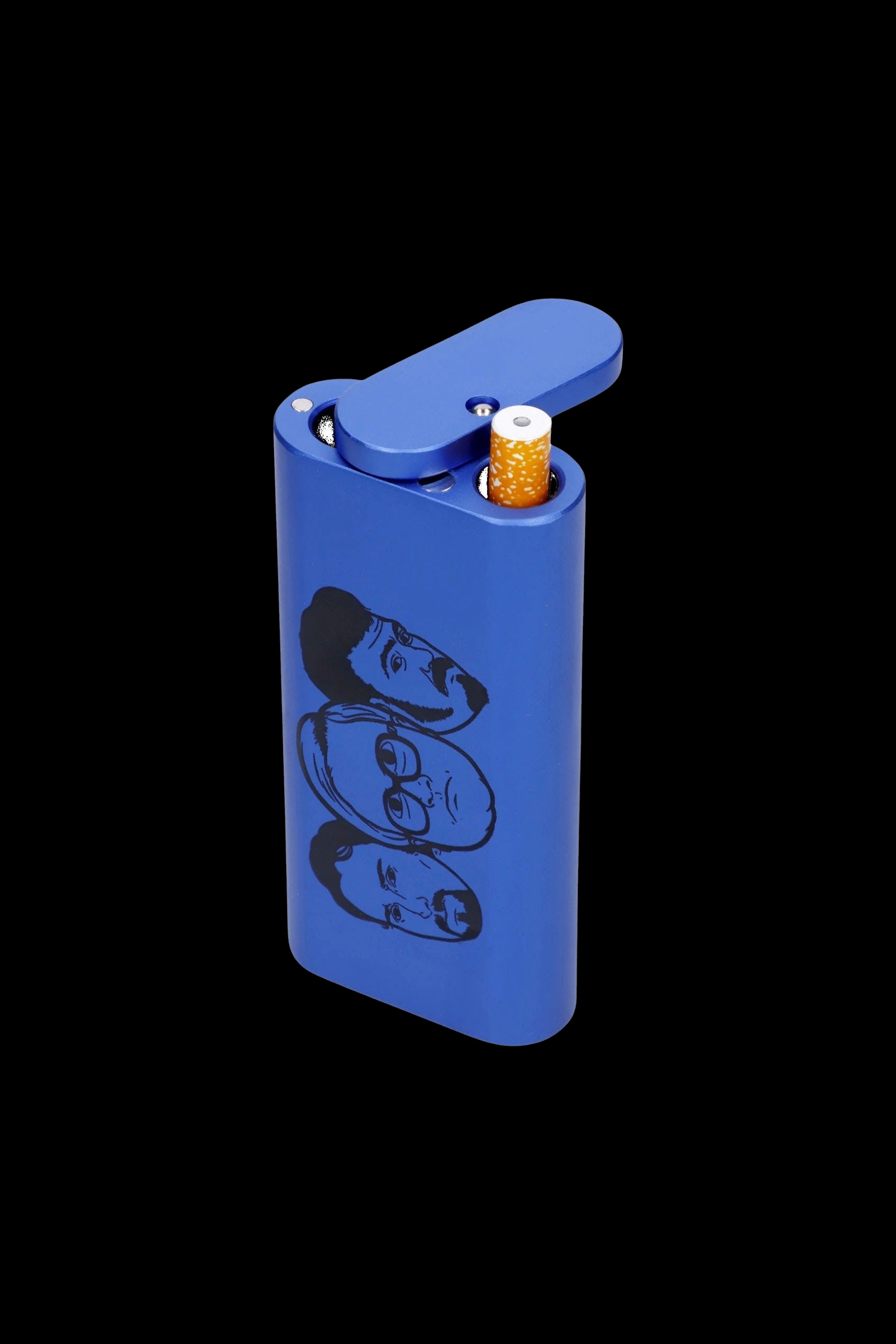 Blue butane lighter with repeating eye graphic, open and displaying flame.