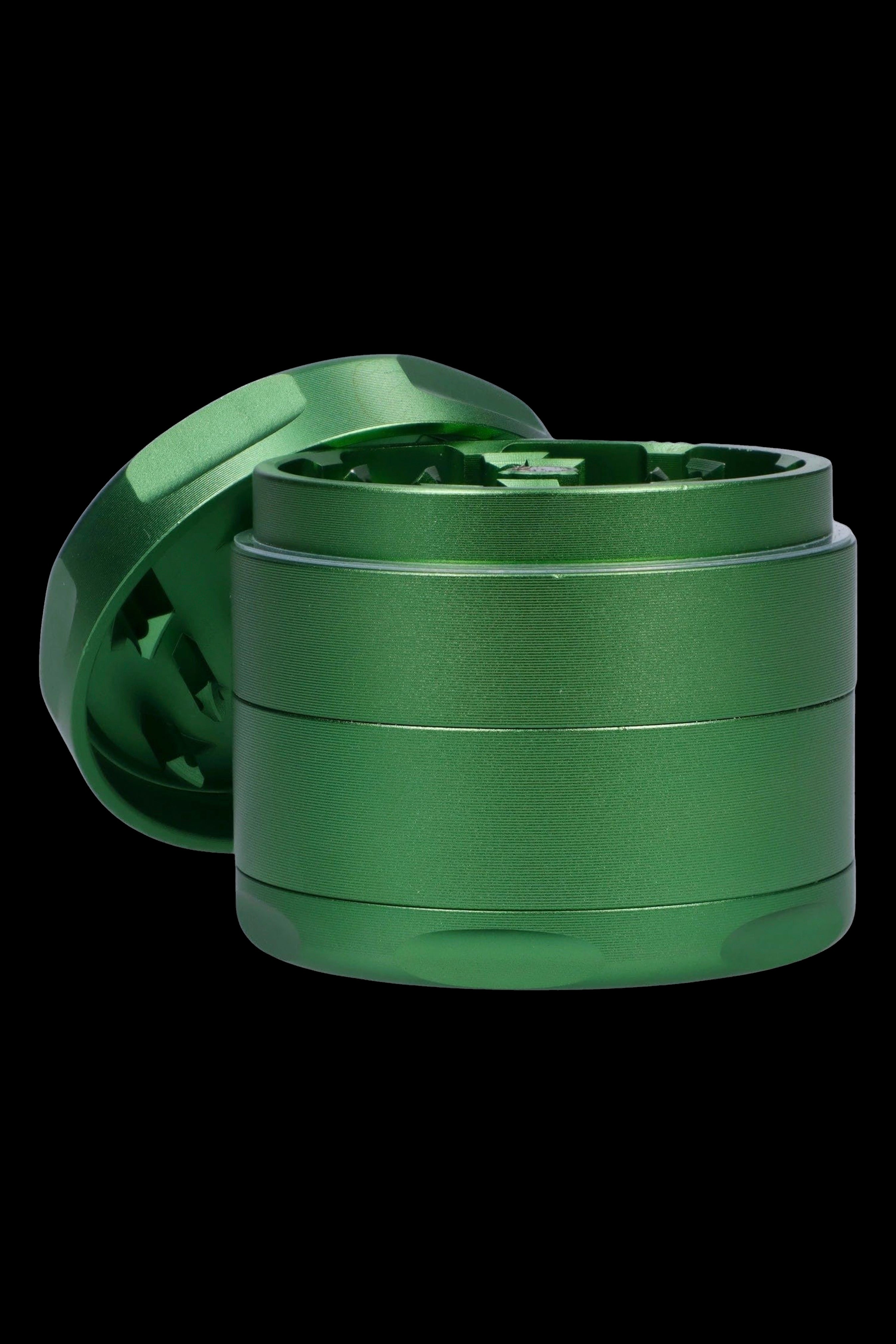 Green four-piece cannabis grinder with open lid.