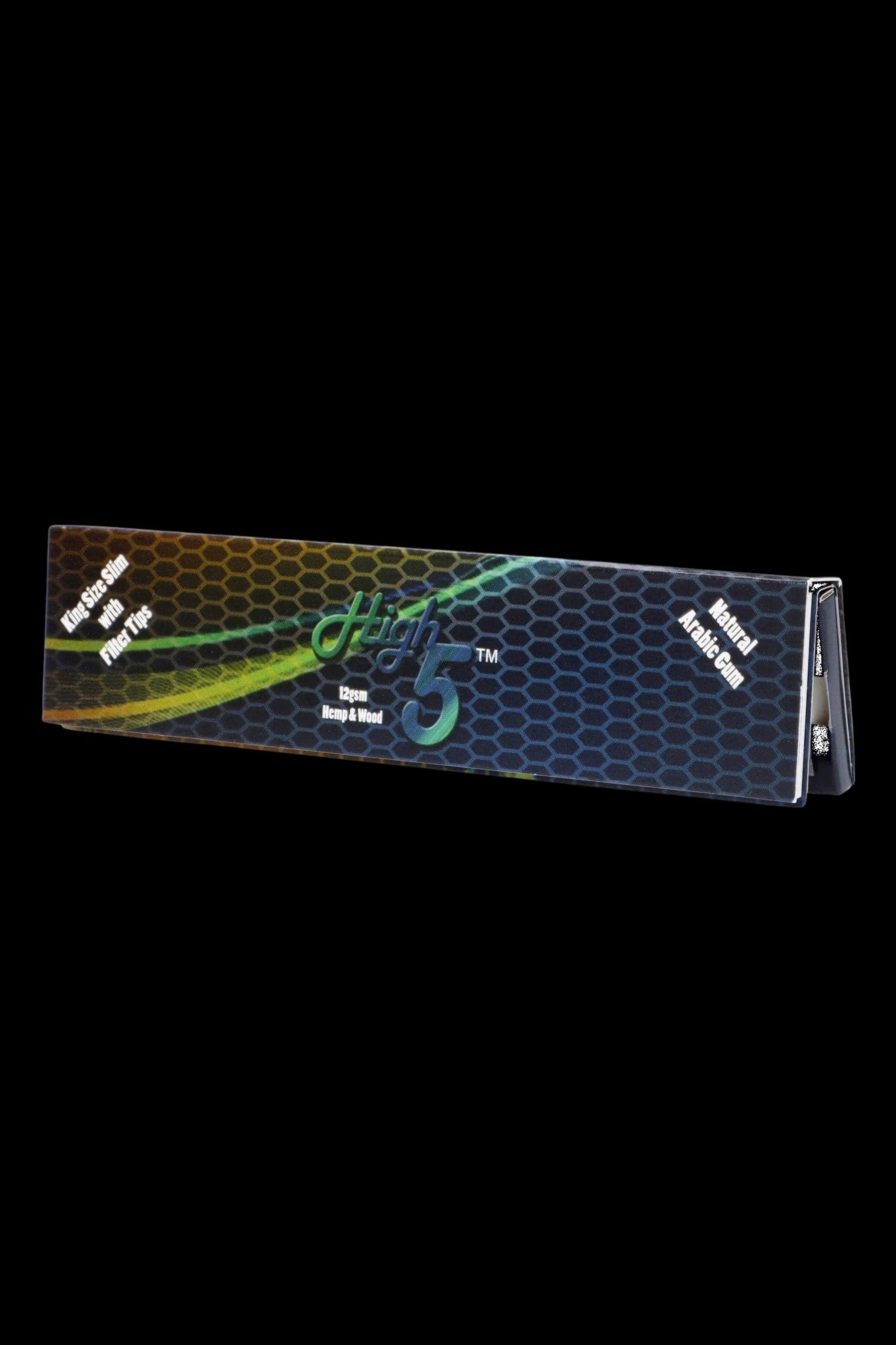 Pack of High5 rolling papers with filter tips, showcasing a green and gold hexagonal design on a black background.
