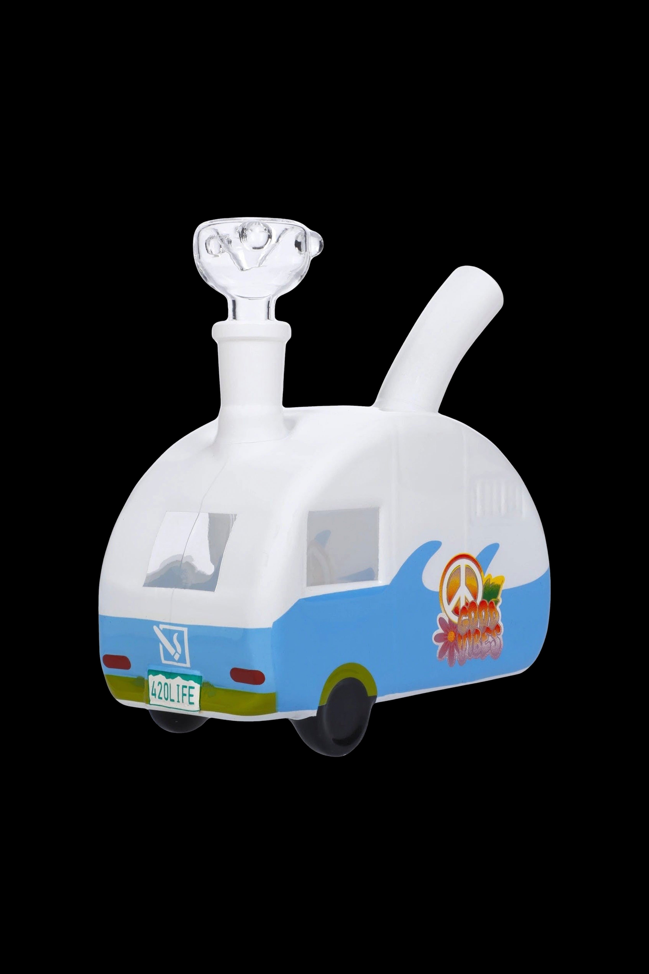 Glass cannabis water pipe shaped like a vintage camper van with a peace sign and “420LIFE” license plate.