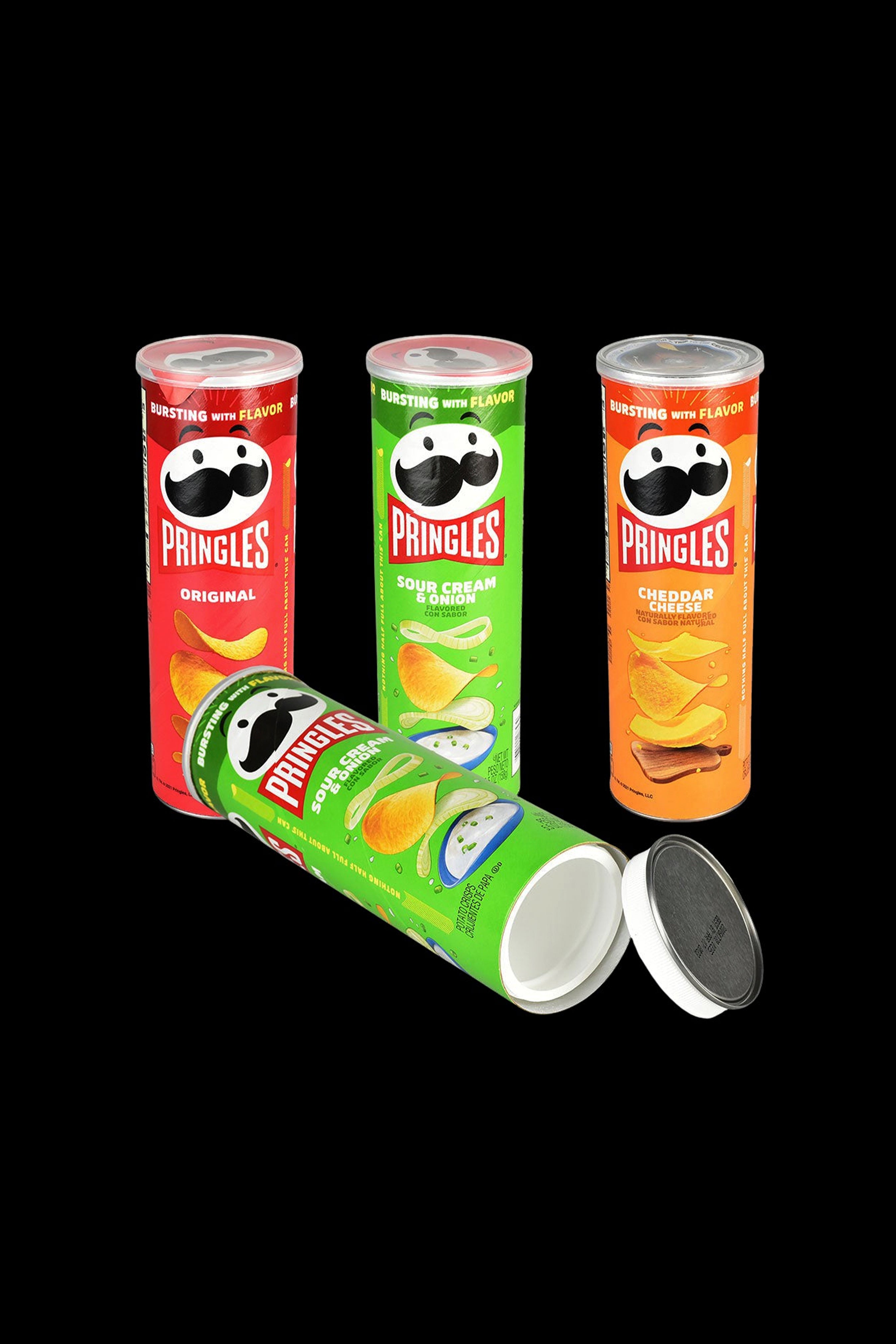 Pringles cans in Original, Sour Cream & Onion, and Cheddar flavors, with one can open revealing potato chips, likely referencing the munchies associated with cannabis use.