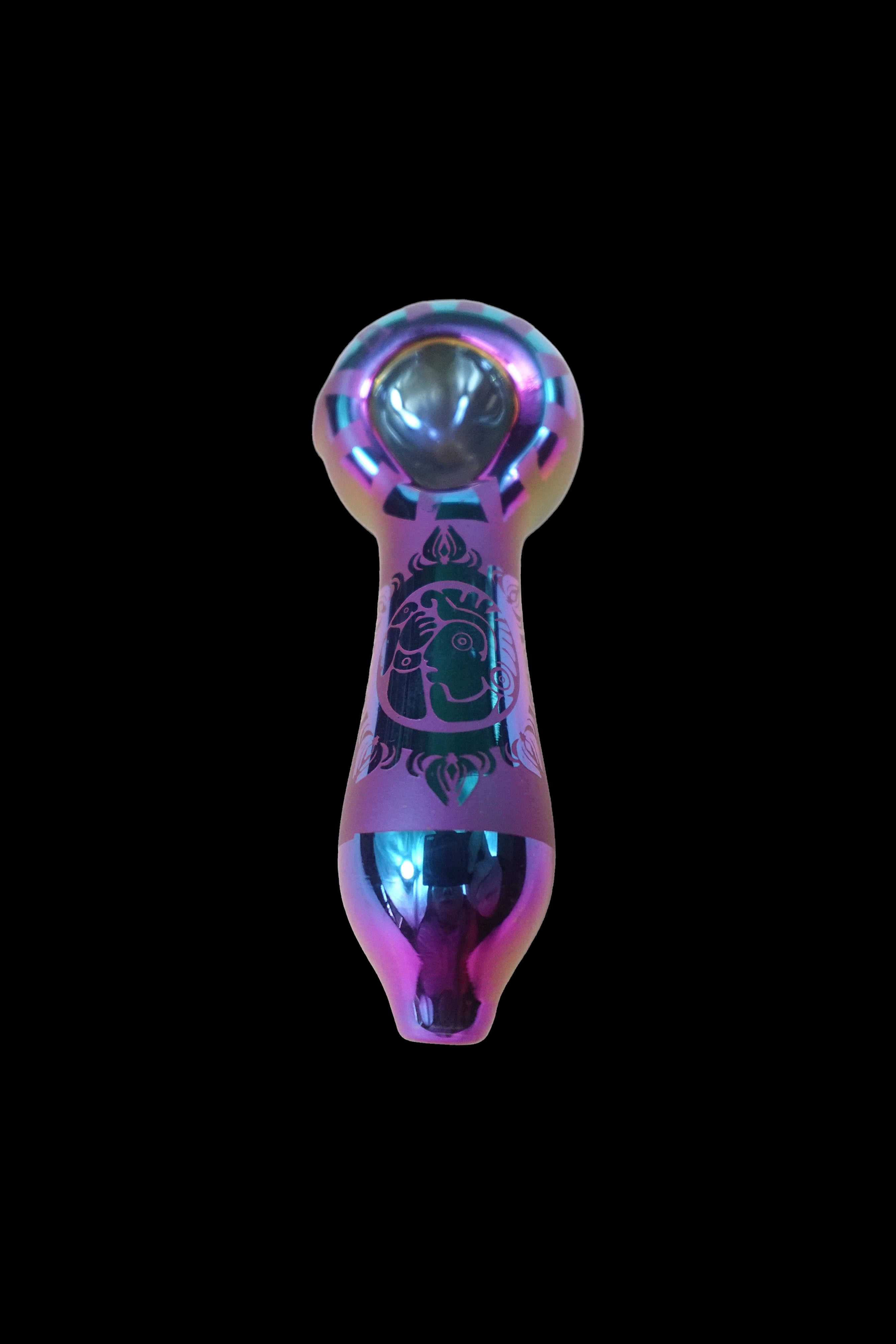 Iridescent glass pipe with etched designs, isolated on a black background.