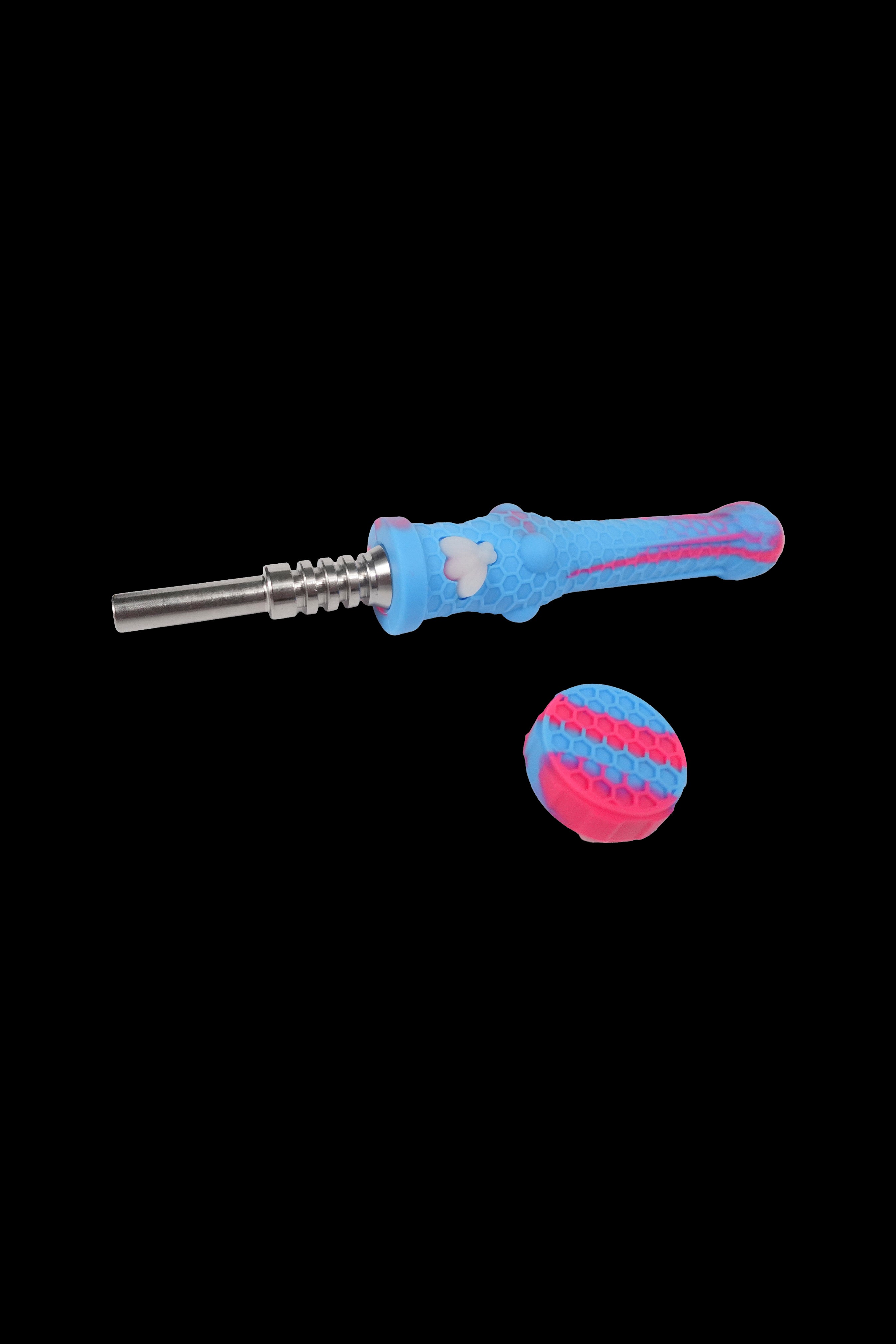 Blue and pink titanium e-nail tip and carb cap for vaporizing cannabis concentrates.