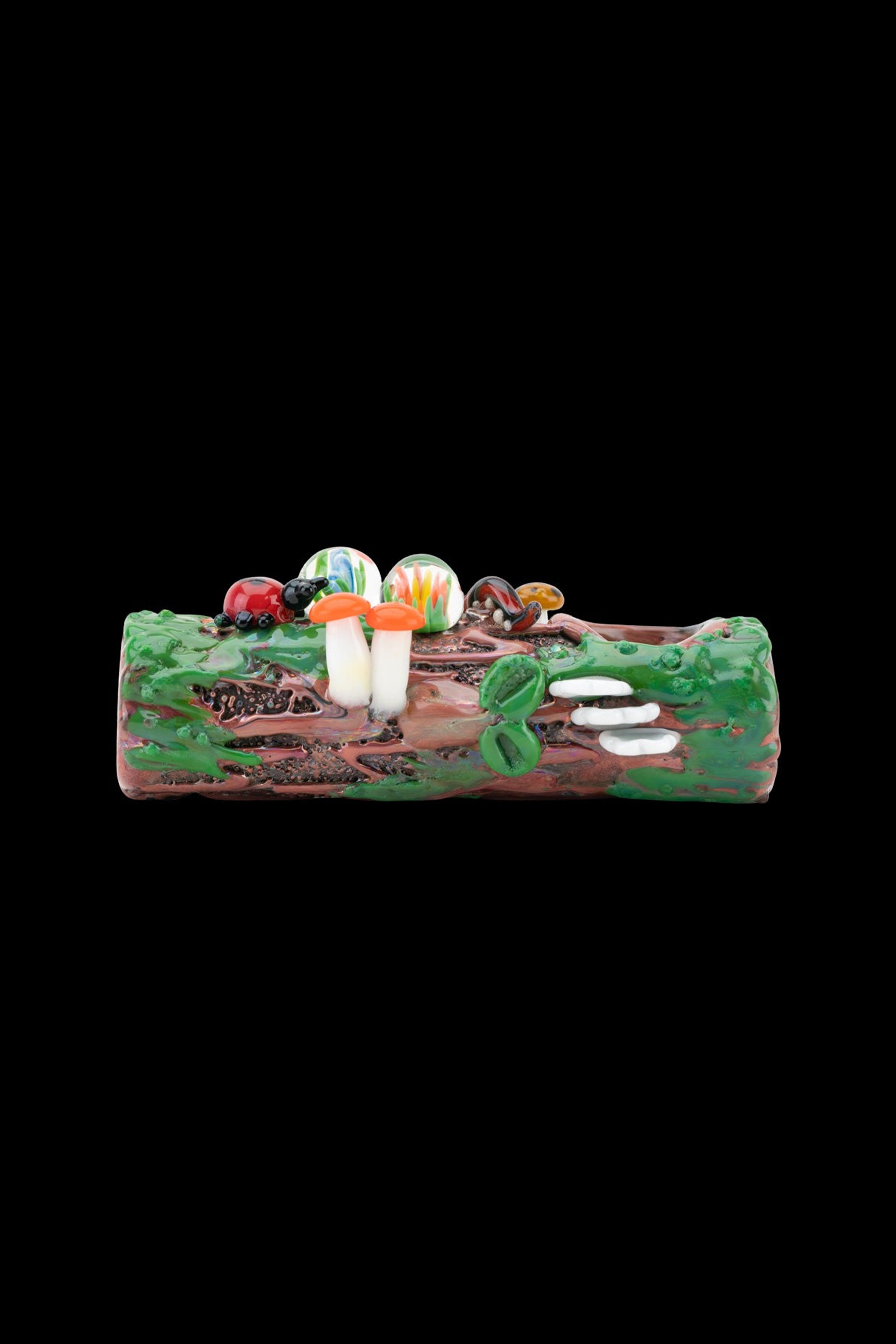 Hand-painted glass pipe resembling a forest floor with colorful mushrooms and foliage.