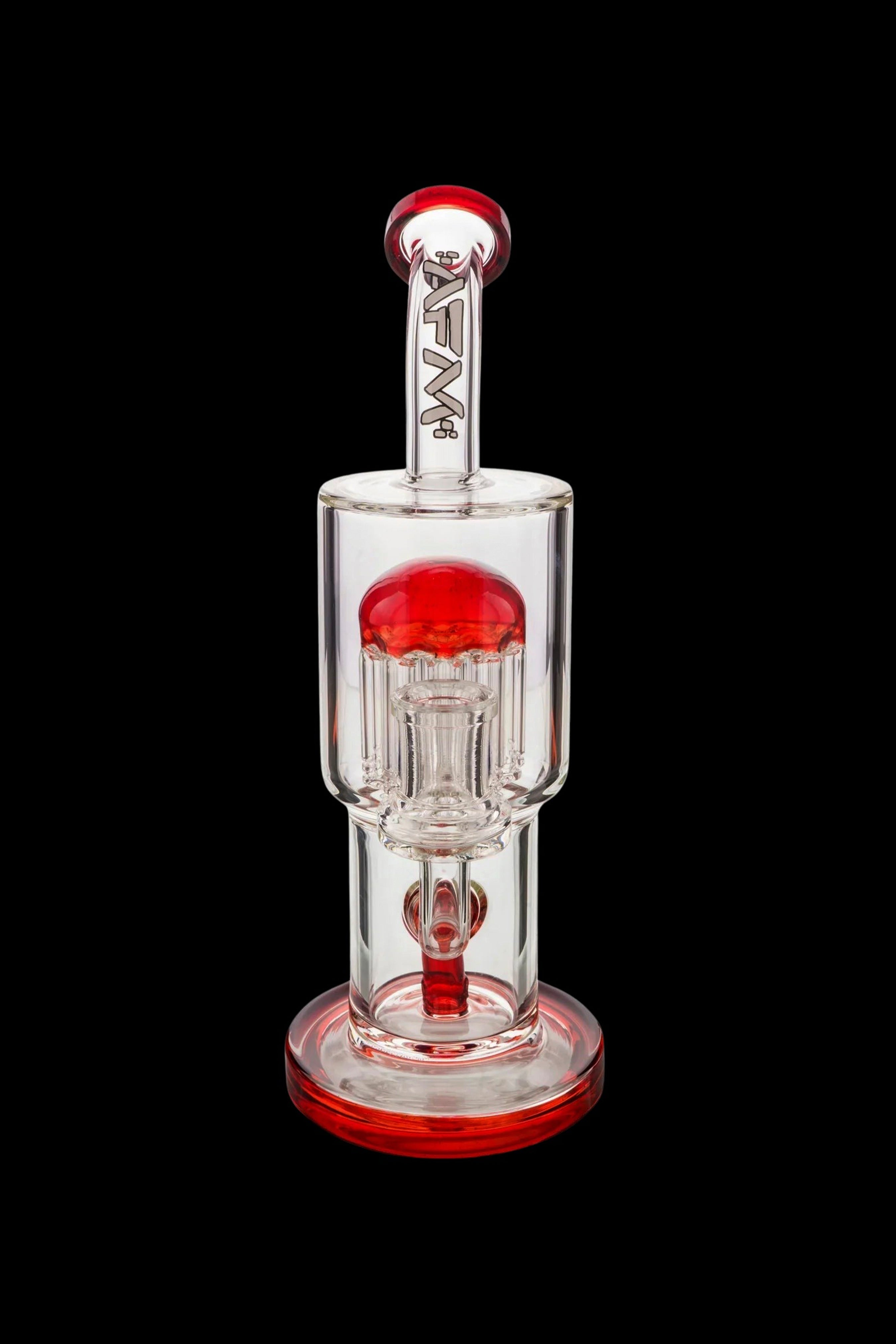 Red and clear glass water pipe (bong) with multiple percolators.