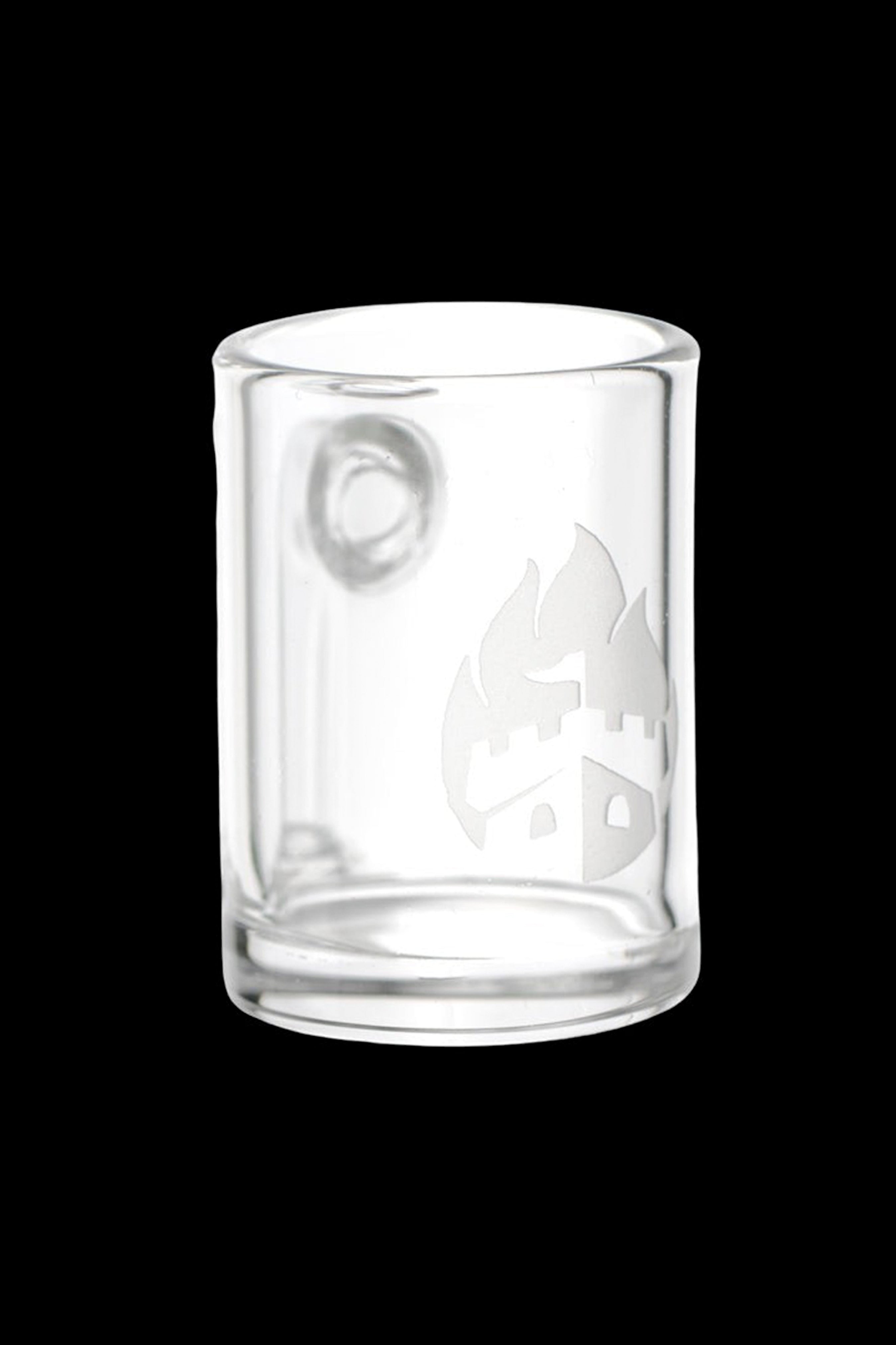 Clear glass cannabis rig bubbler with etched leaf design.