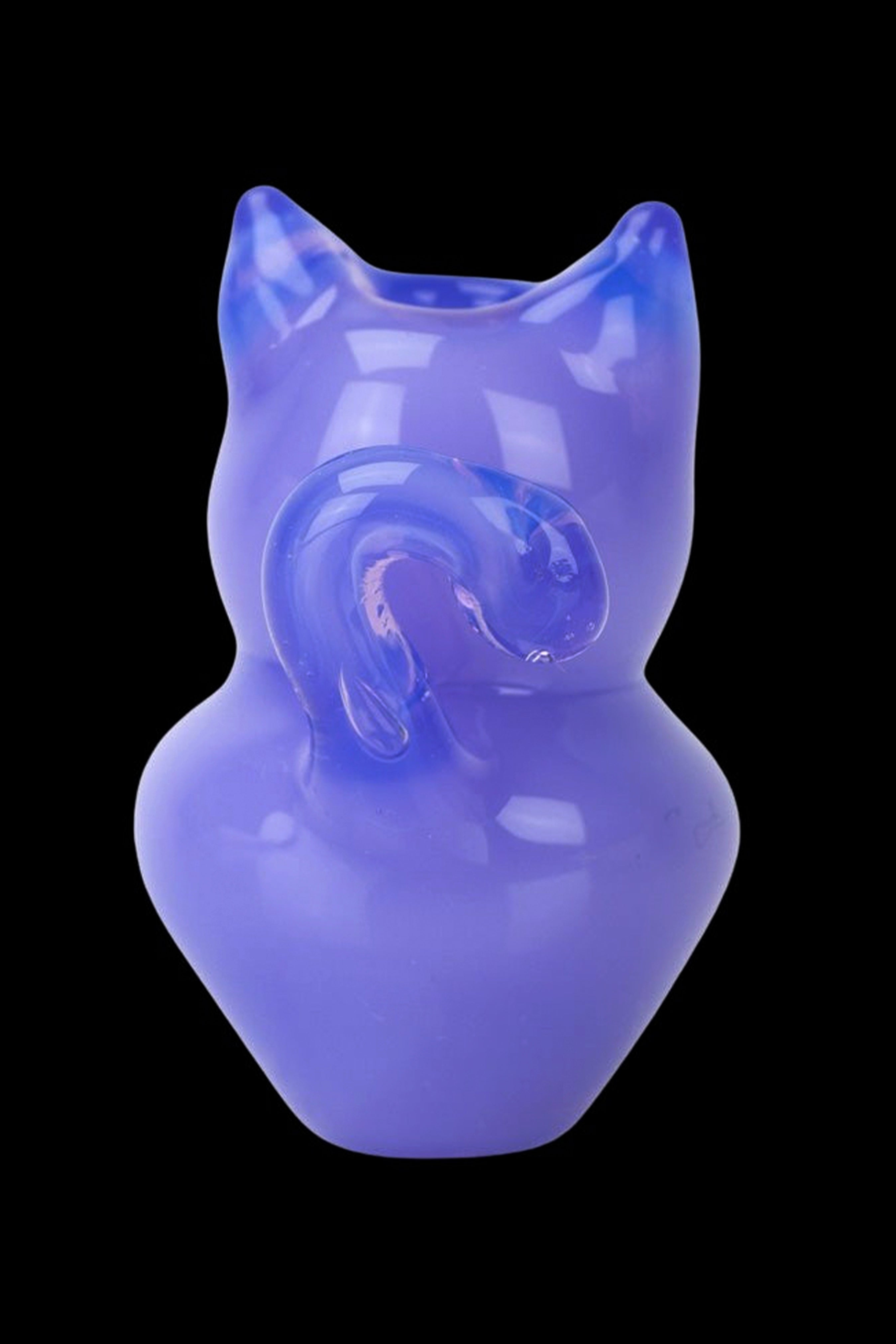 Blue glass water pipe shaped like a cat's head.