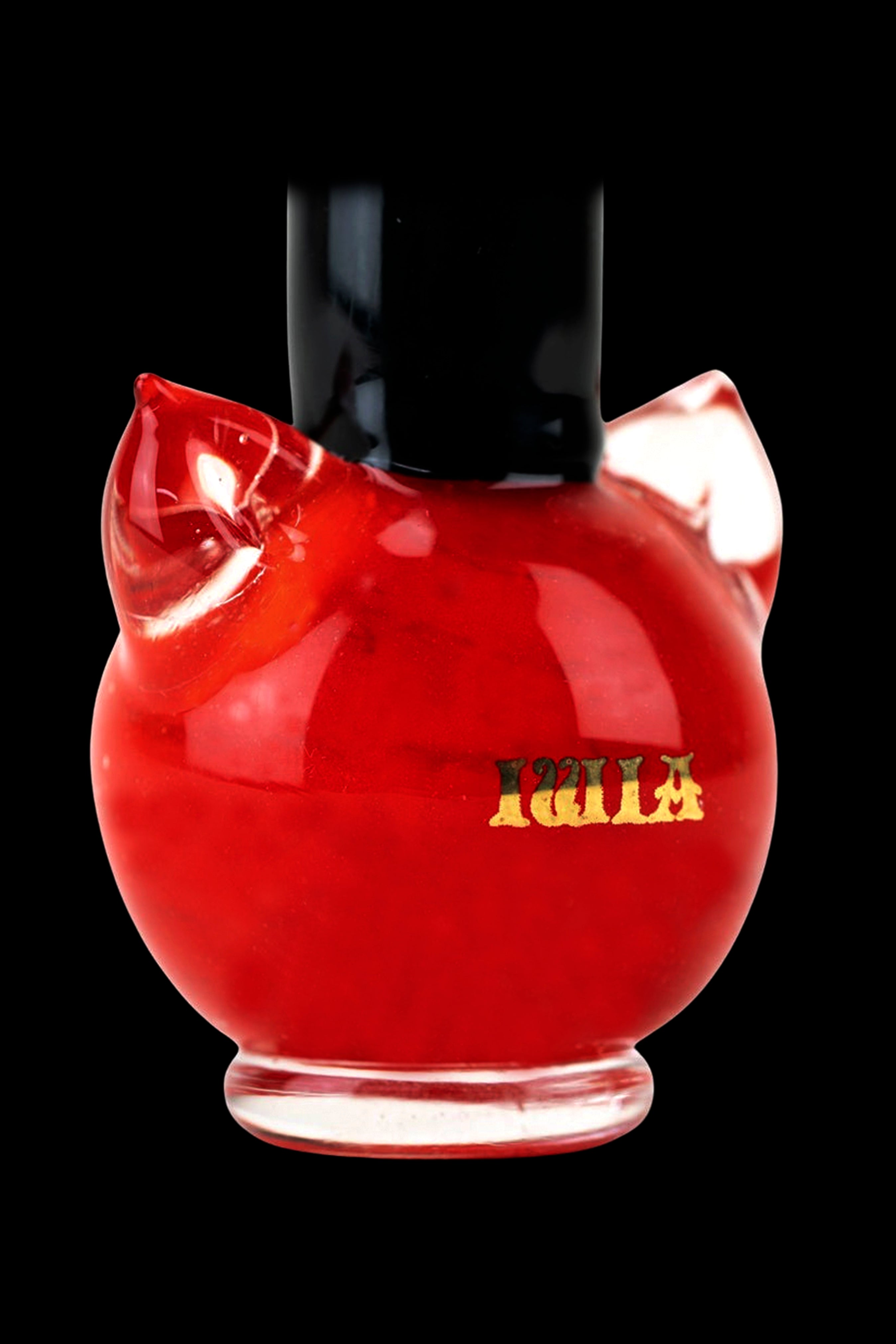 Red glass water pipe shaped like a cartoon bird with “TOLLA” etched across the belly.