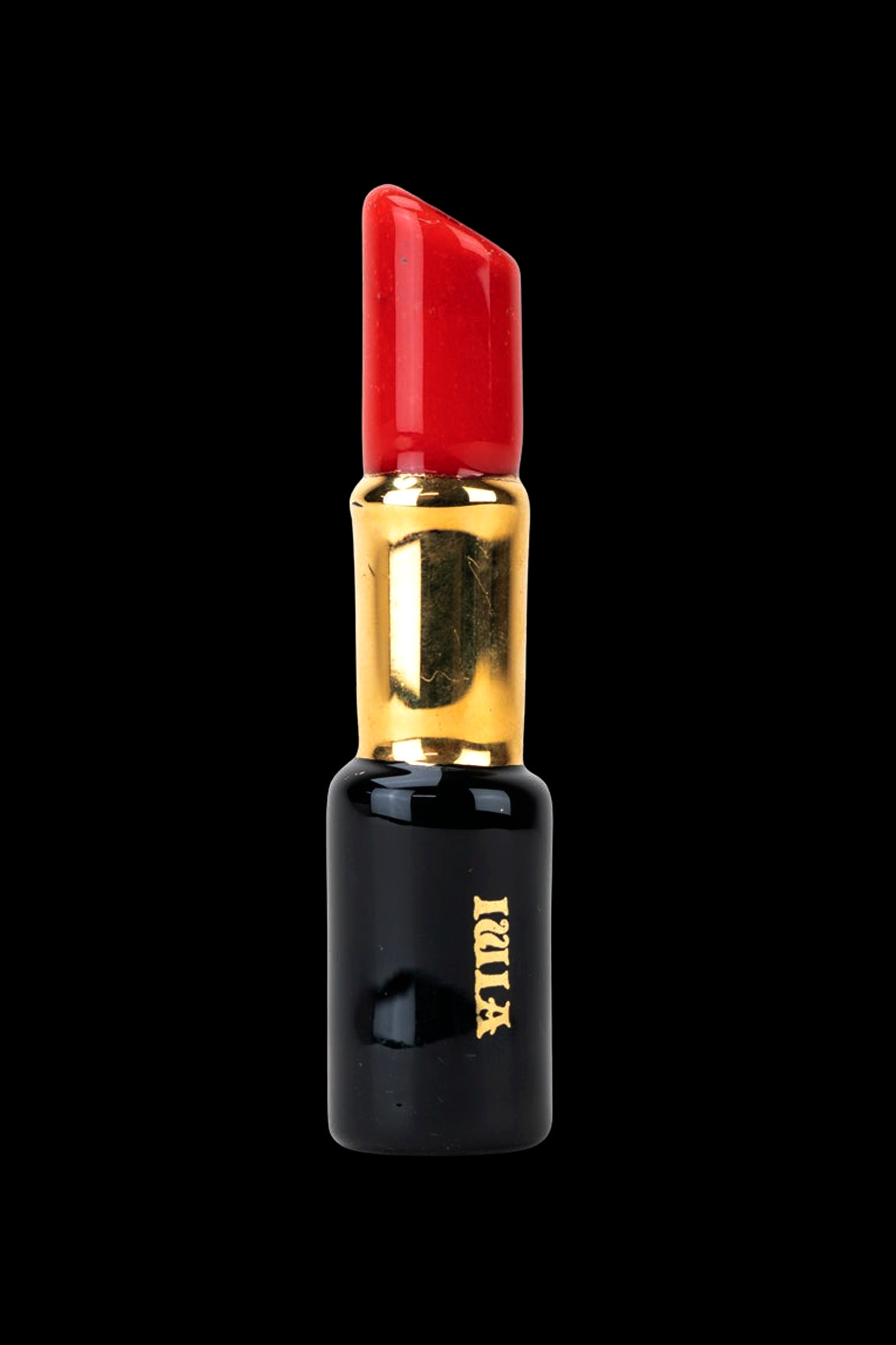 Red cannabis vape pen resembling lipstick, with gold accents and “IRIE” printed on the black base.