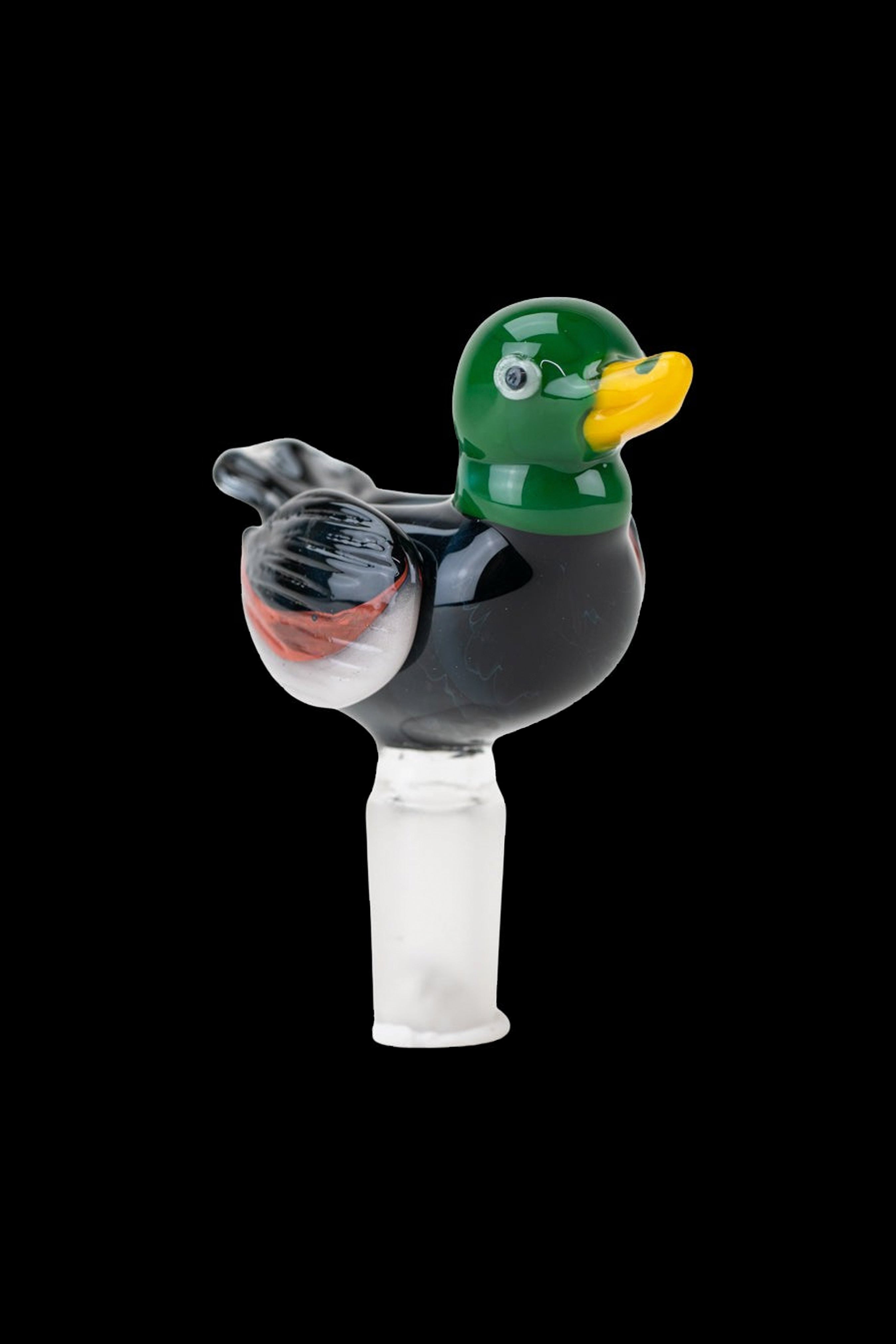 Glass duck-shaped cannabis water pipe with red and white swirls.