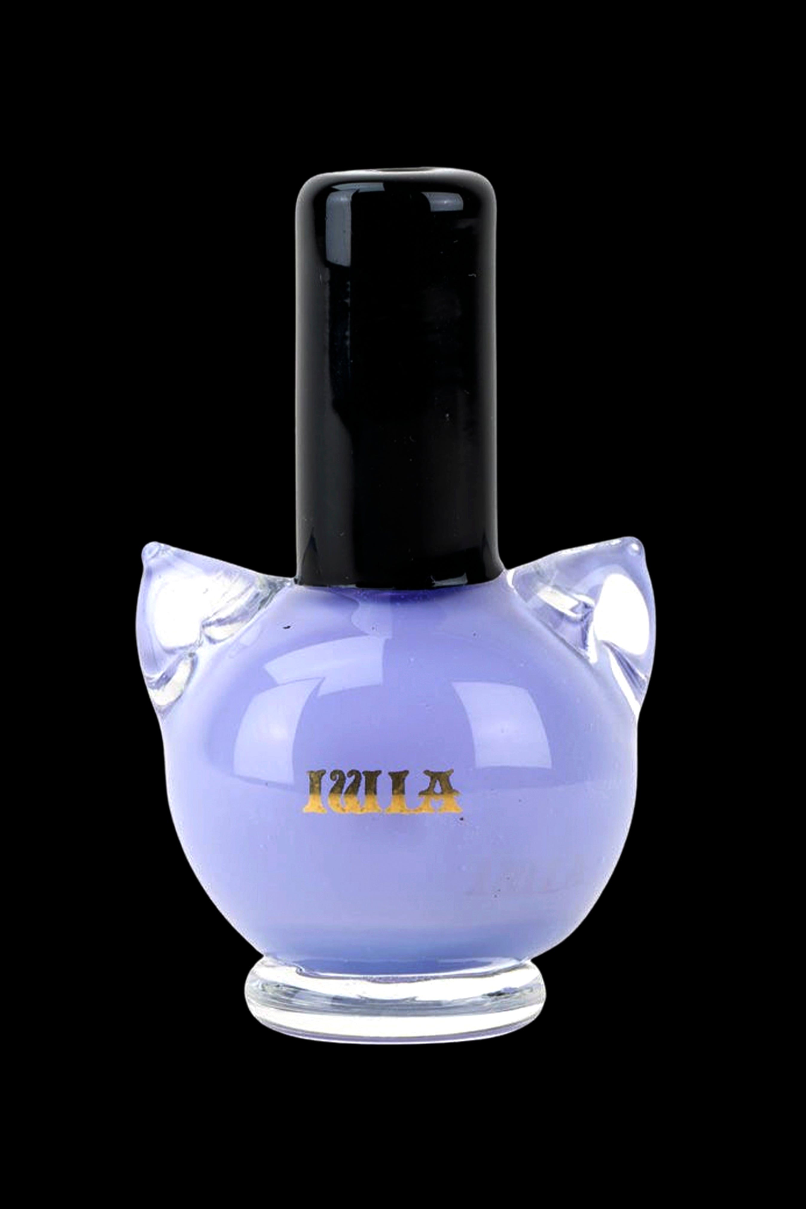 Lavender-colored glass water pipe with black mouthpiece.