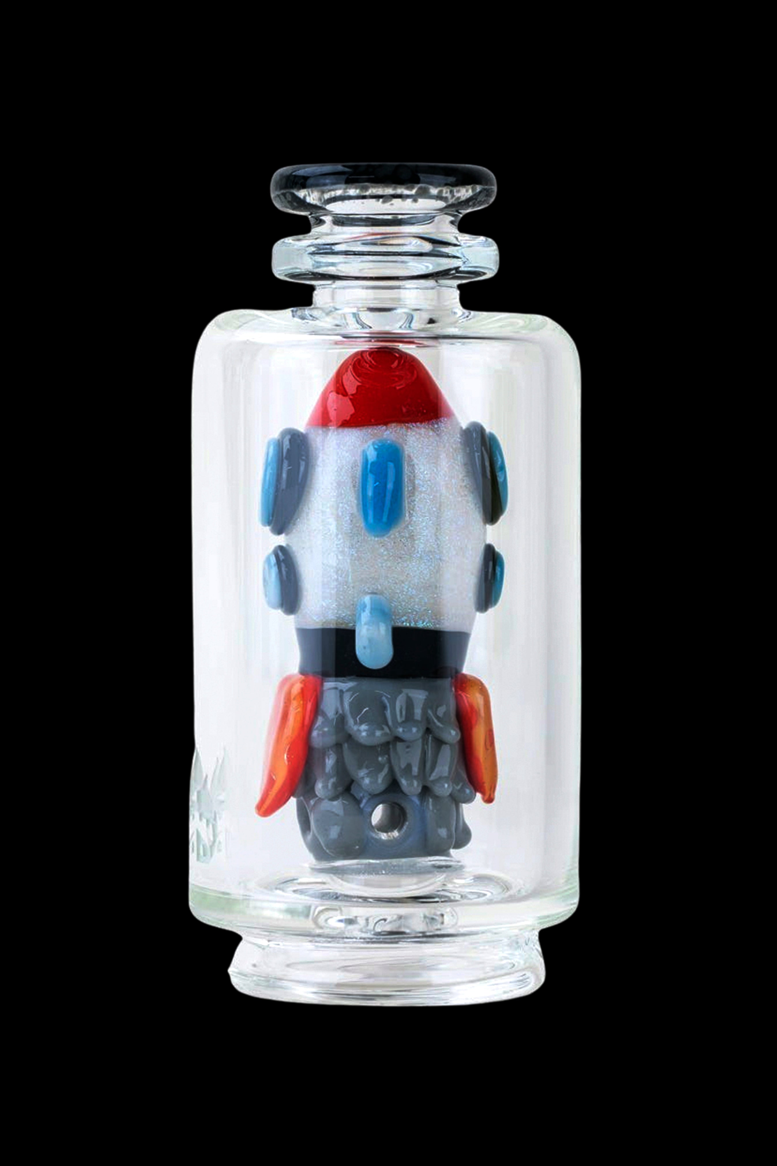 Hand-blown glass water pipe shaped like a colorful rocket ship.