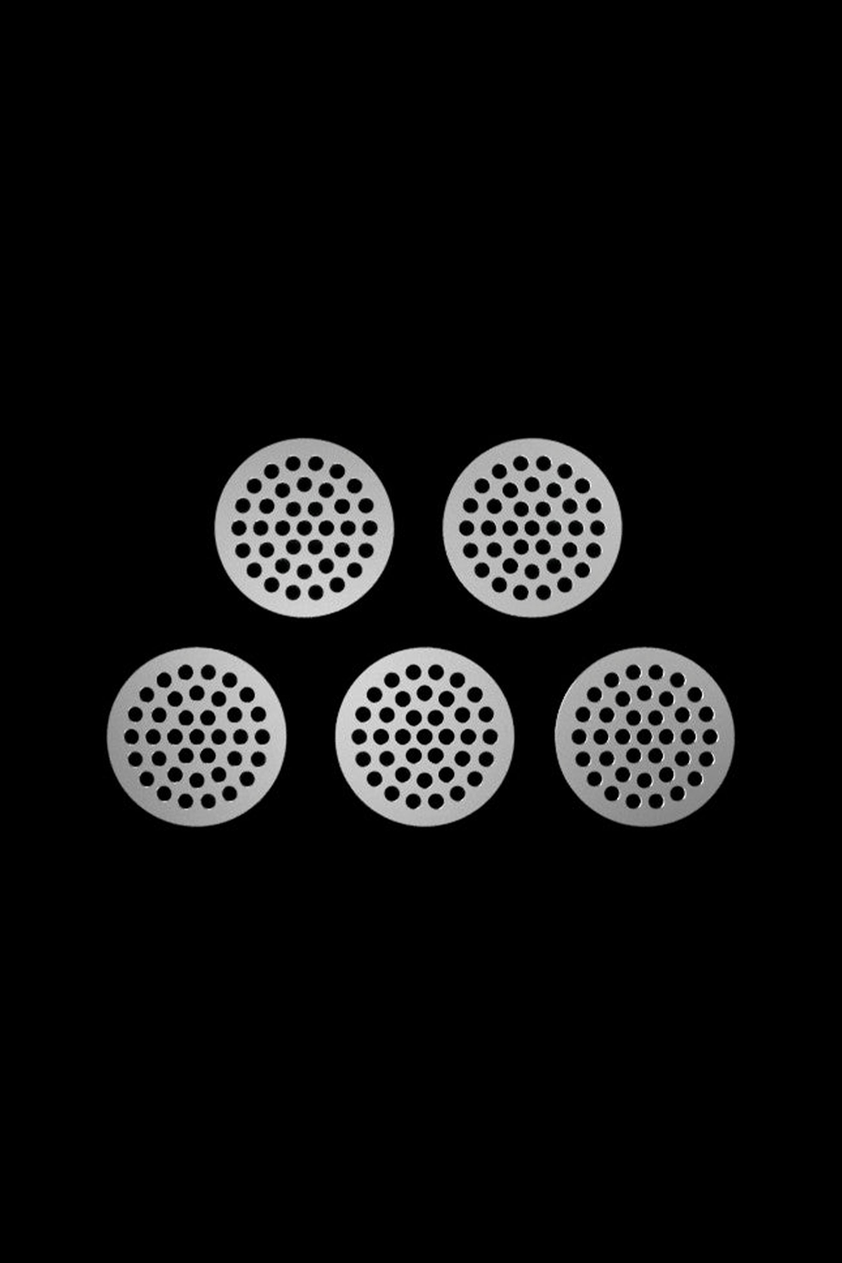 Five metal screens for cannabis smoking displayed on a black background.