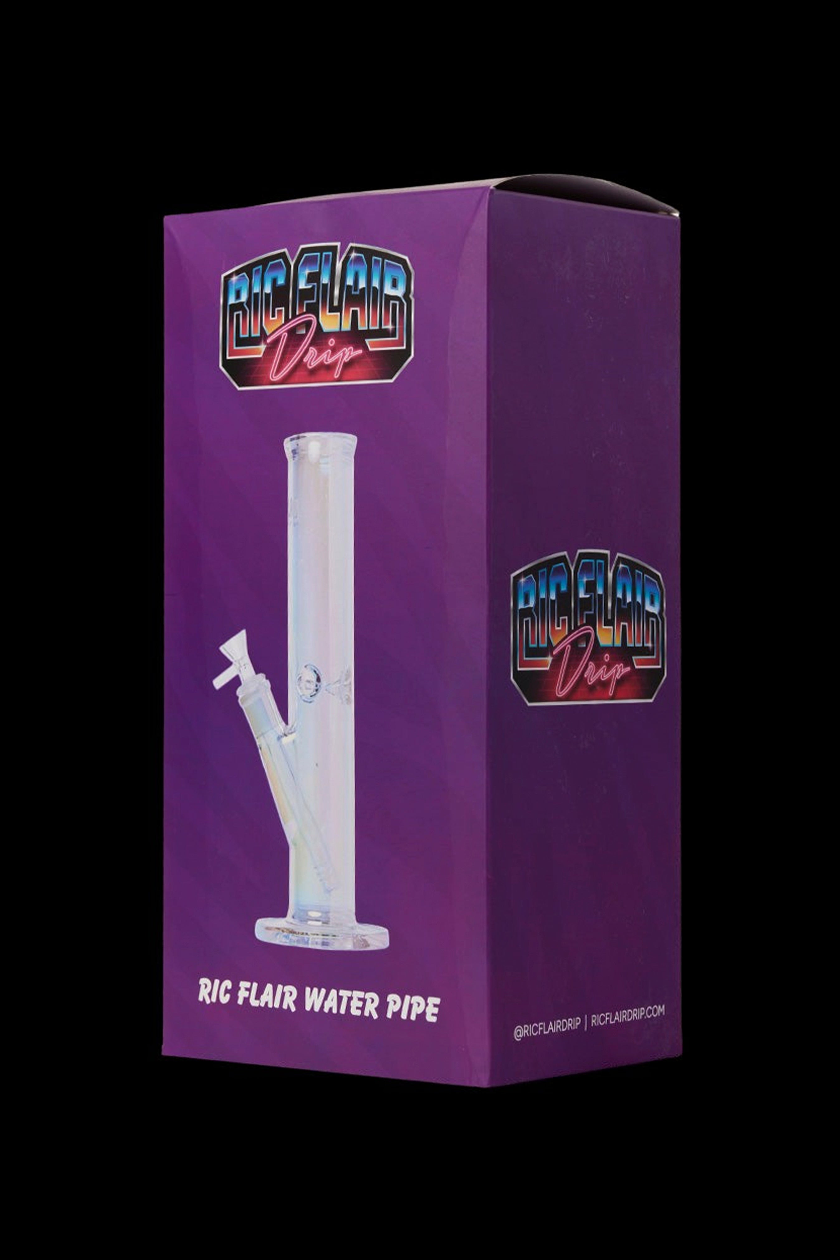 Purple box for Ric Flair Drip water pipe, featuring a glass smoking device and branding.
