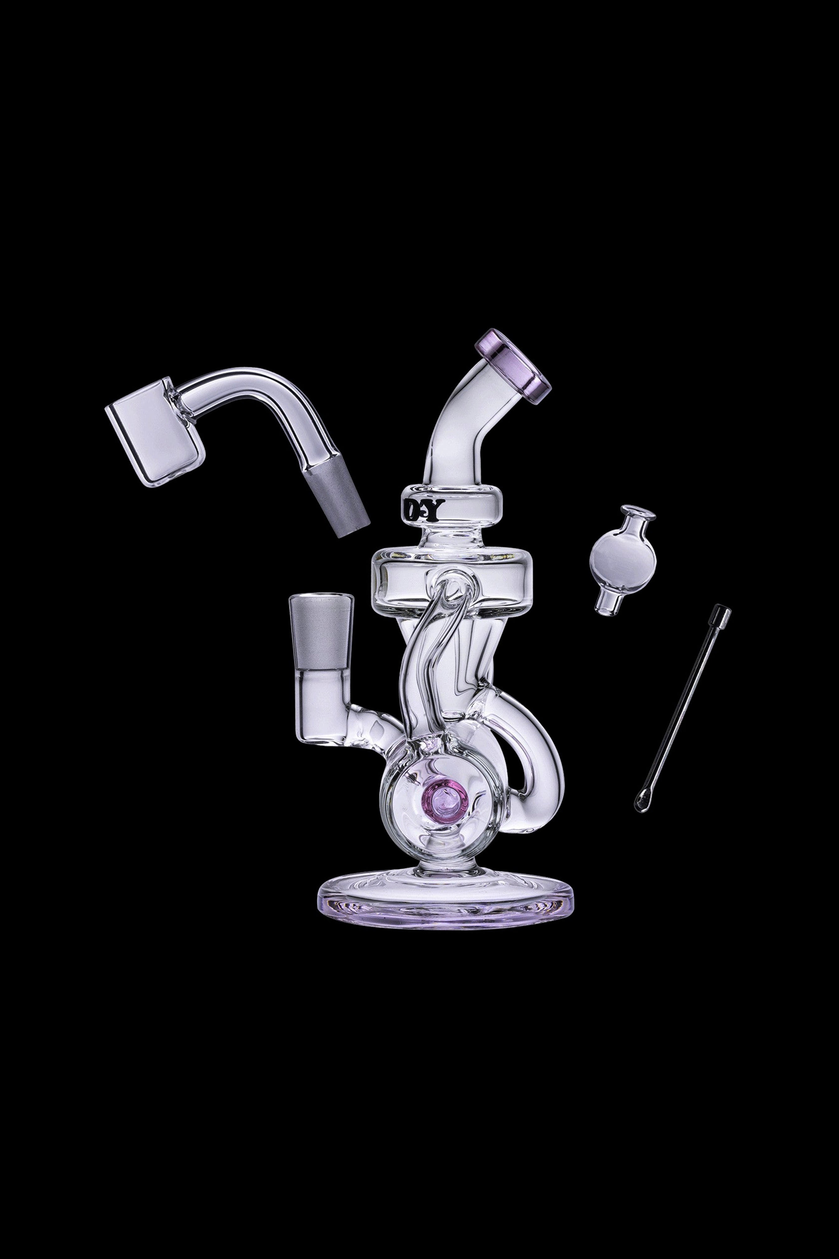 Clear glass dab rig with purple accents, including a quartz banger, carb cap, and dab tool, displayed against a black background.