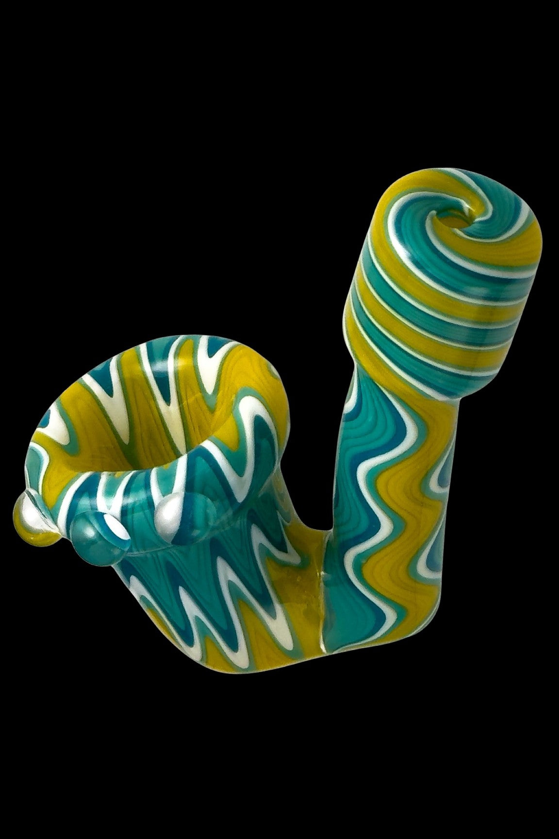 A colorful glass cannabis pipe with swirling turquoise, yellow, and white patterns.