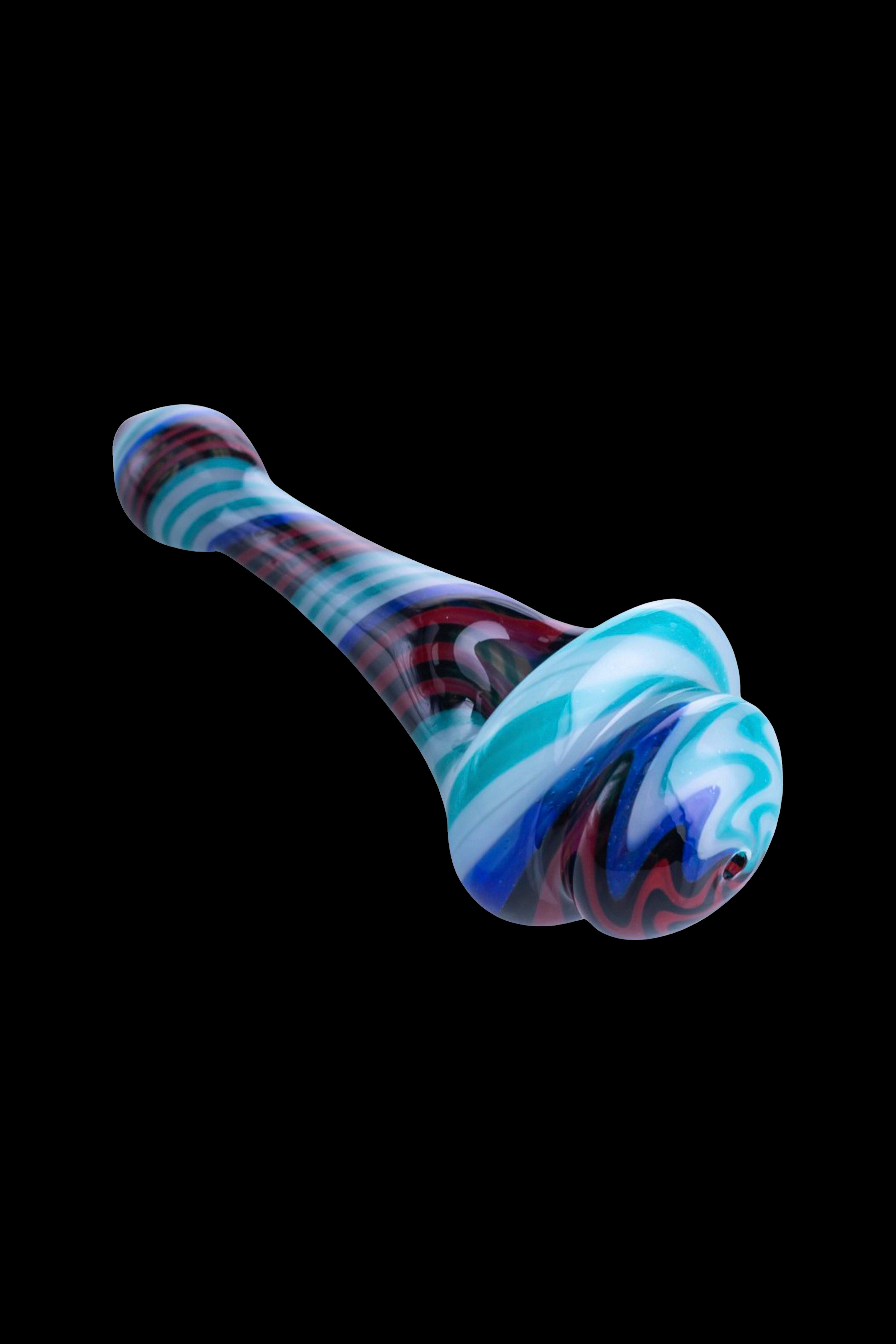 Hand pipe with colorful swirls of blue, red, and white glass.