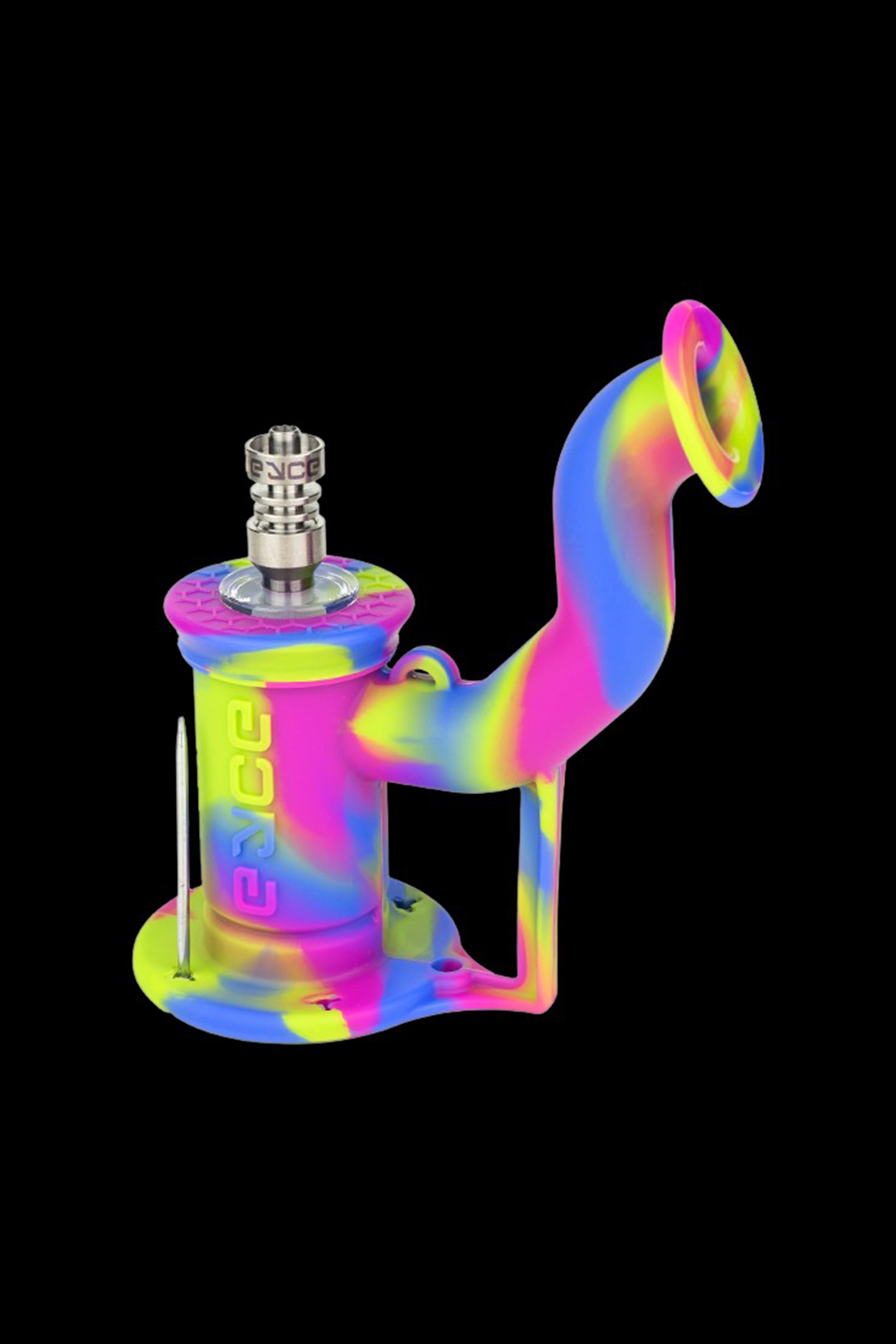 Colorful silicone water pipe (rig) with metallic downstem and bowl.