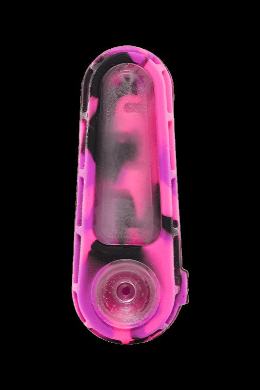 Pink and black silicone pipe for cannabis use.