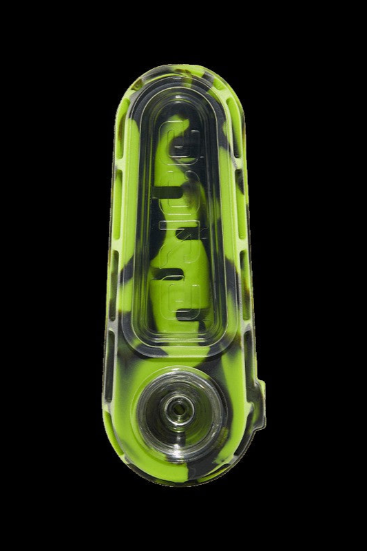 Green and black silicone oil rig with clear glass bowl.