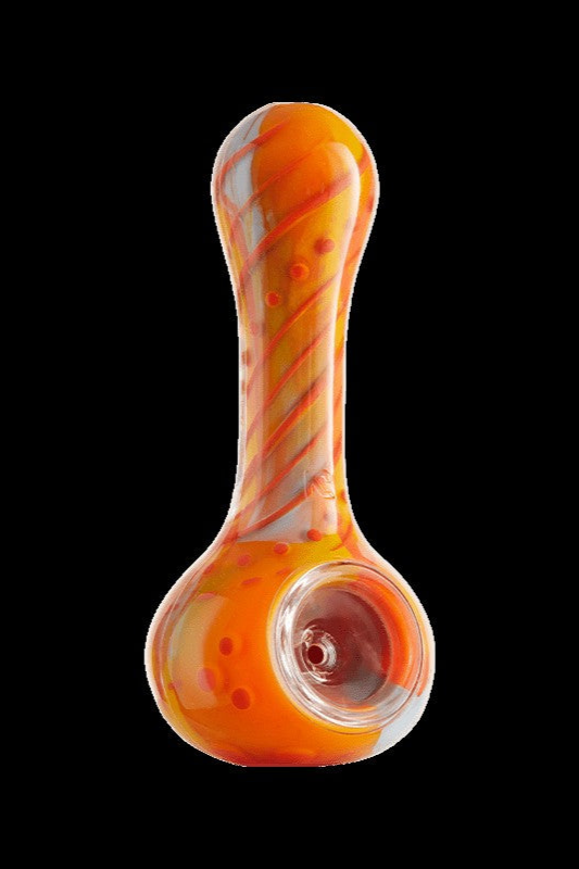 Orange glass smoking pipe with swirling patterns.