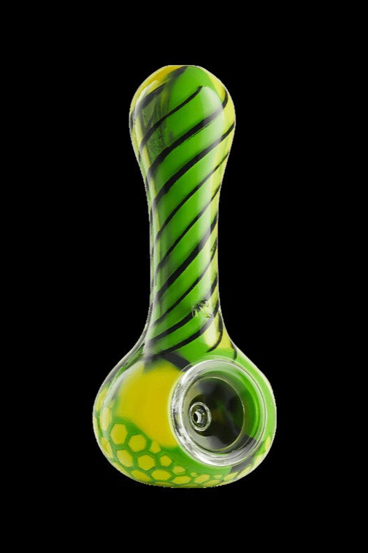 Green glass cannabis pipe with swirling pattern.