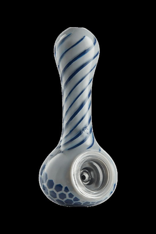 Glass pipe with blue and white spiral design.