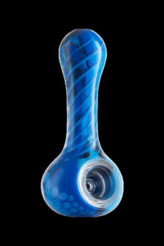 Blue glass smoking pipe isolated on a black background.