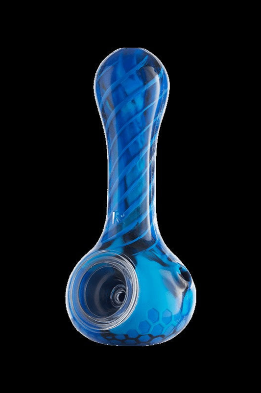 Blue glass smoking pipe against a black background.