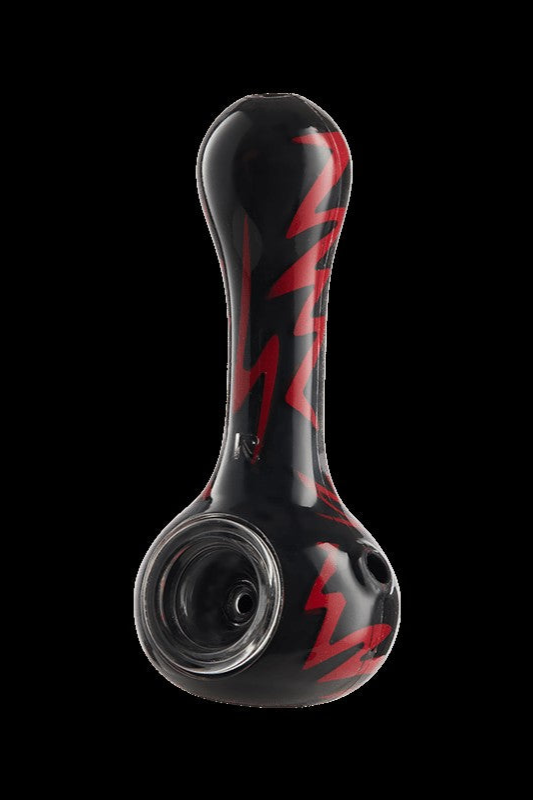 Black glass pipe with red lightning bolt design.