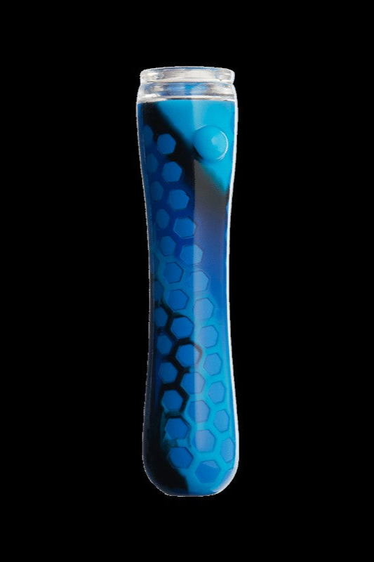 Blue glass water pipe with honeycomb pattern.